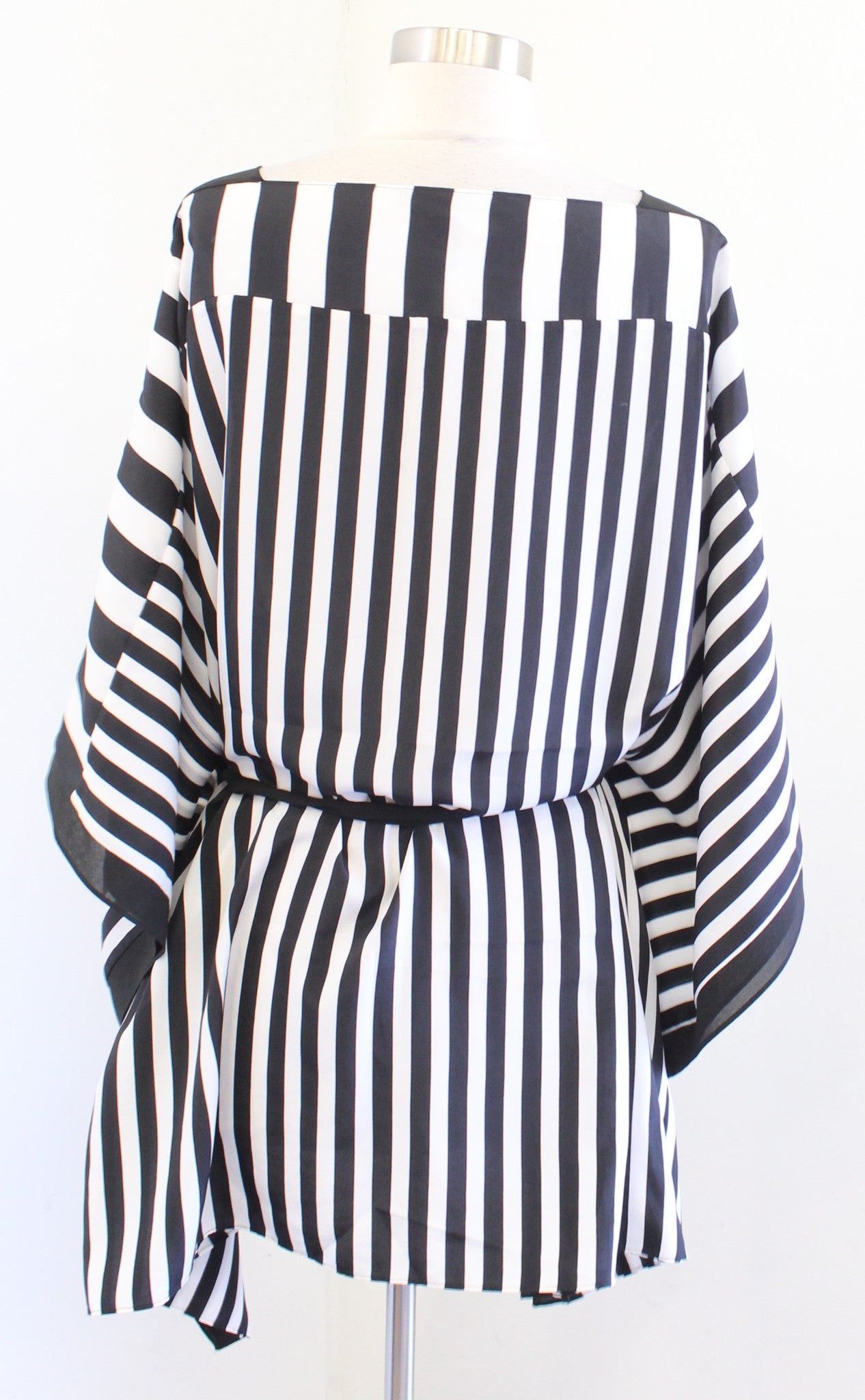 BCBG Max Azria Black White Striped Tie Waist Poncho Style Tunic Top Blouse XS S