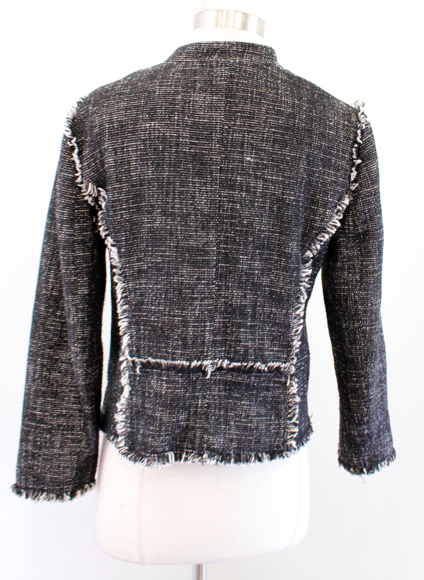 Ann Taylor Gray White Tweed Fringe Trim Asymmetric Zip Moto Blazer Jacket Size S
