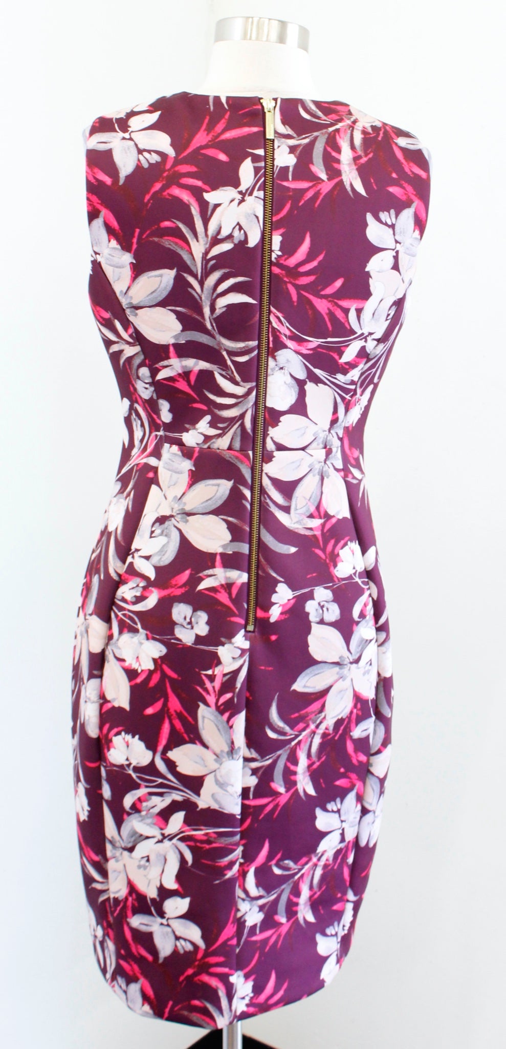 Calvin Klein Burgundy Plum Floral Print Scuba Sheath Dress Size 8 Career Office