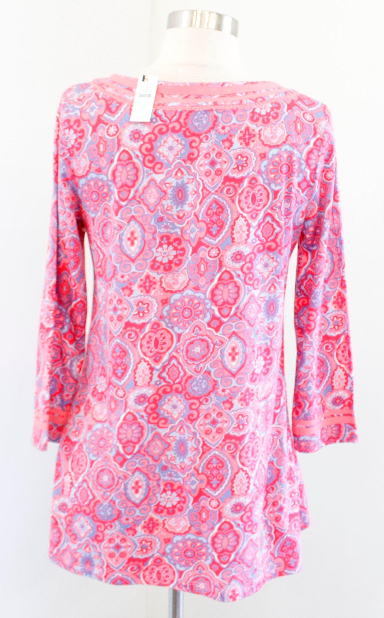 NWT Talbots Medallion Print Knit Tunic Top Blouse Size XS Coral Blue Geometric
