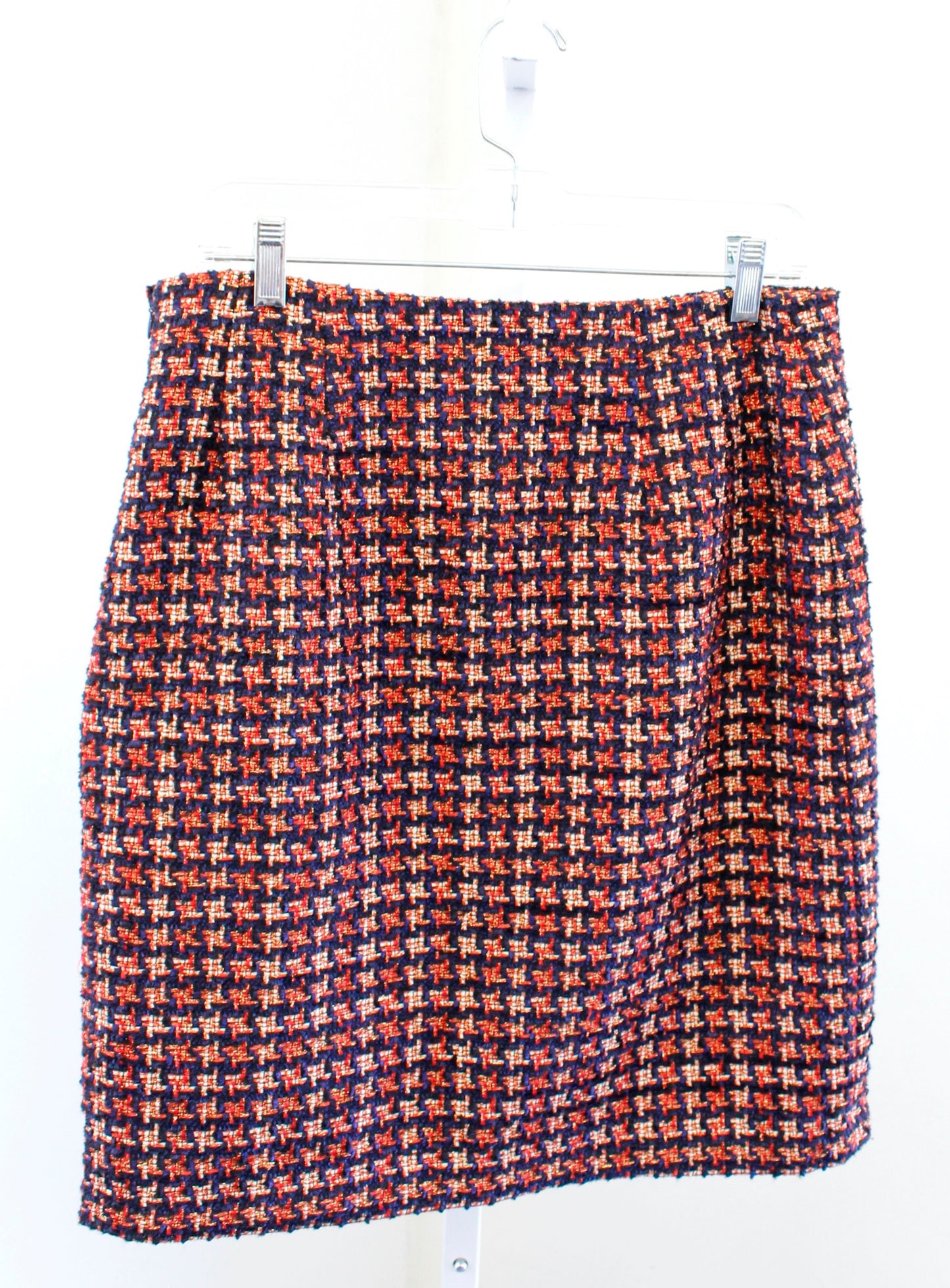 J McLaughlin Navy Blue Red Gold Metallic Houndstooth Tweed Pencil Skirt Size 10