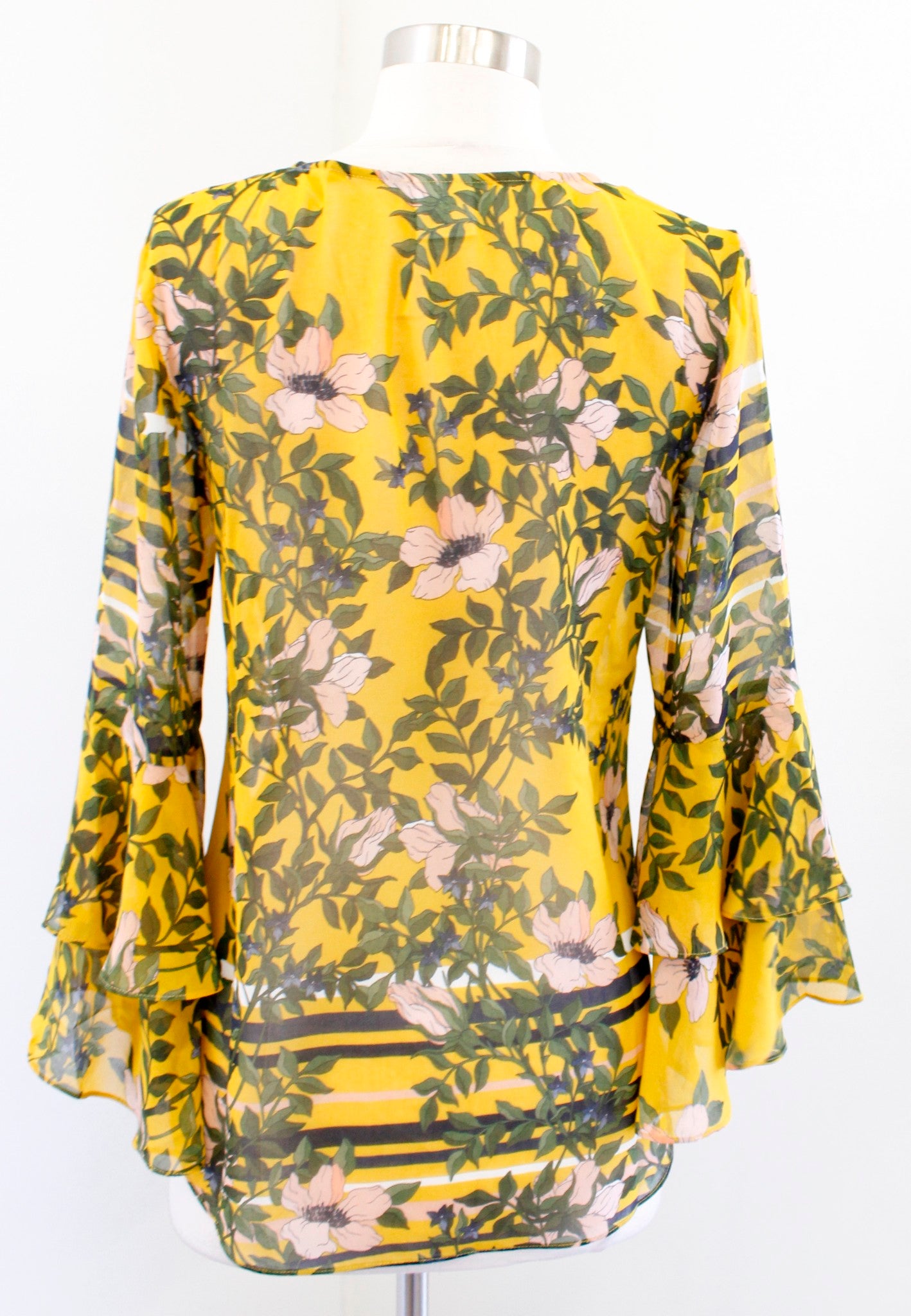 CAbi Spring Scene Yellow Semi Sheer Floral Ruffle Bell Sleeve Top Blouse Size XS