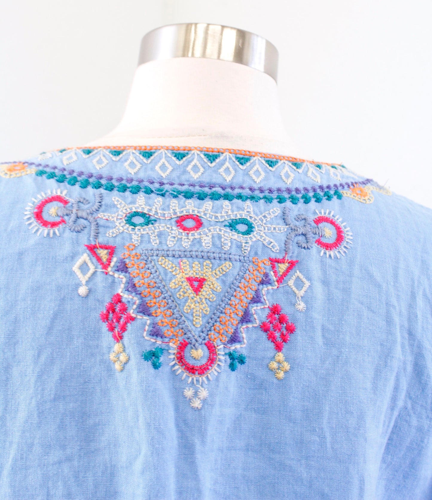 Johnny Was Annika Lace Up Embroidered Top Blouse Size S Blue Geometric Boho