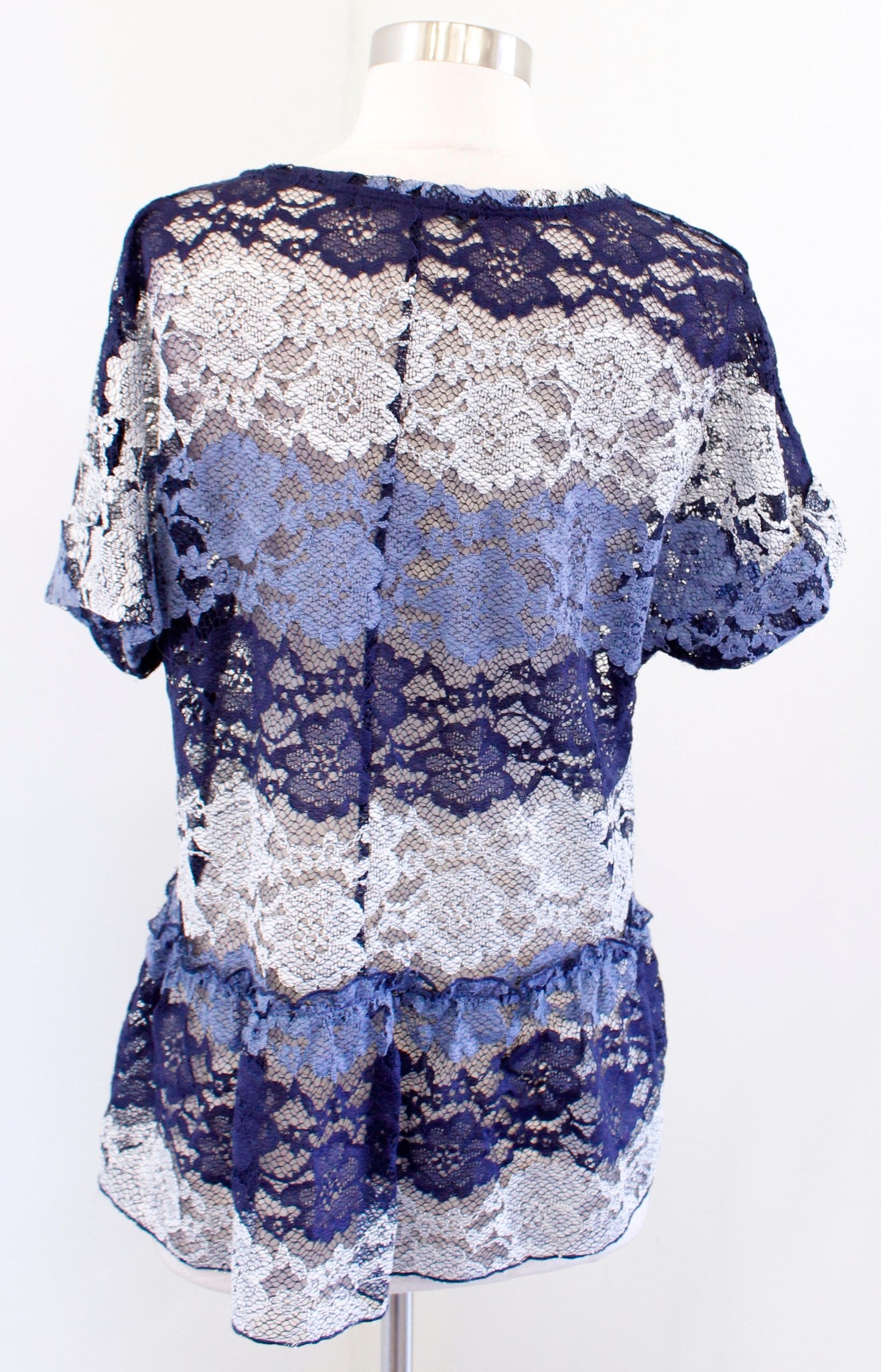 Eva Franco Anthropologie Sheer Striped Lace Peplum Top Blouse Size L Navy Blue Short Sleeve