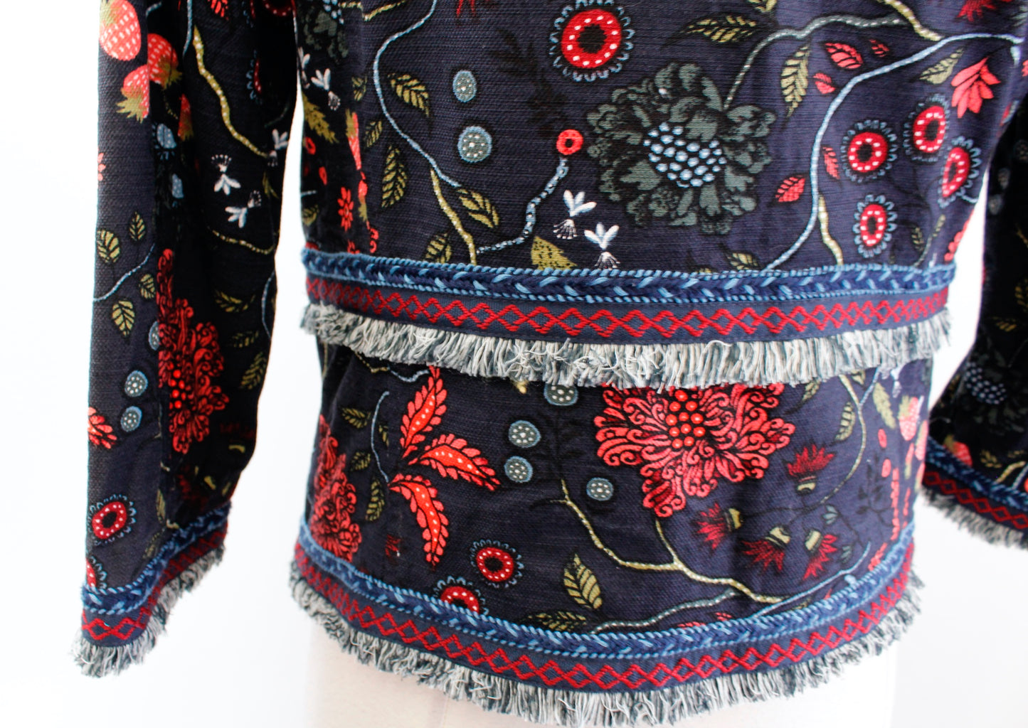 Ann Taylor Loft Navy Blue Strawberry Floral Print Fringe Blazer Jacket Size 0