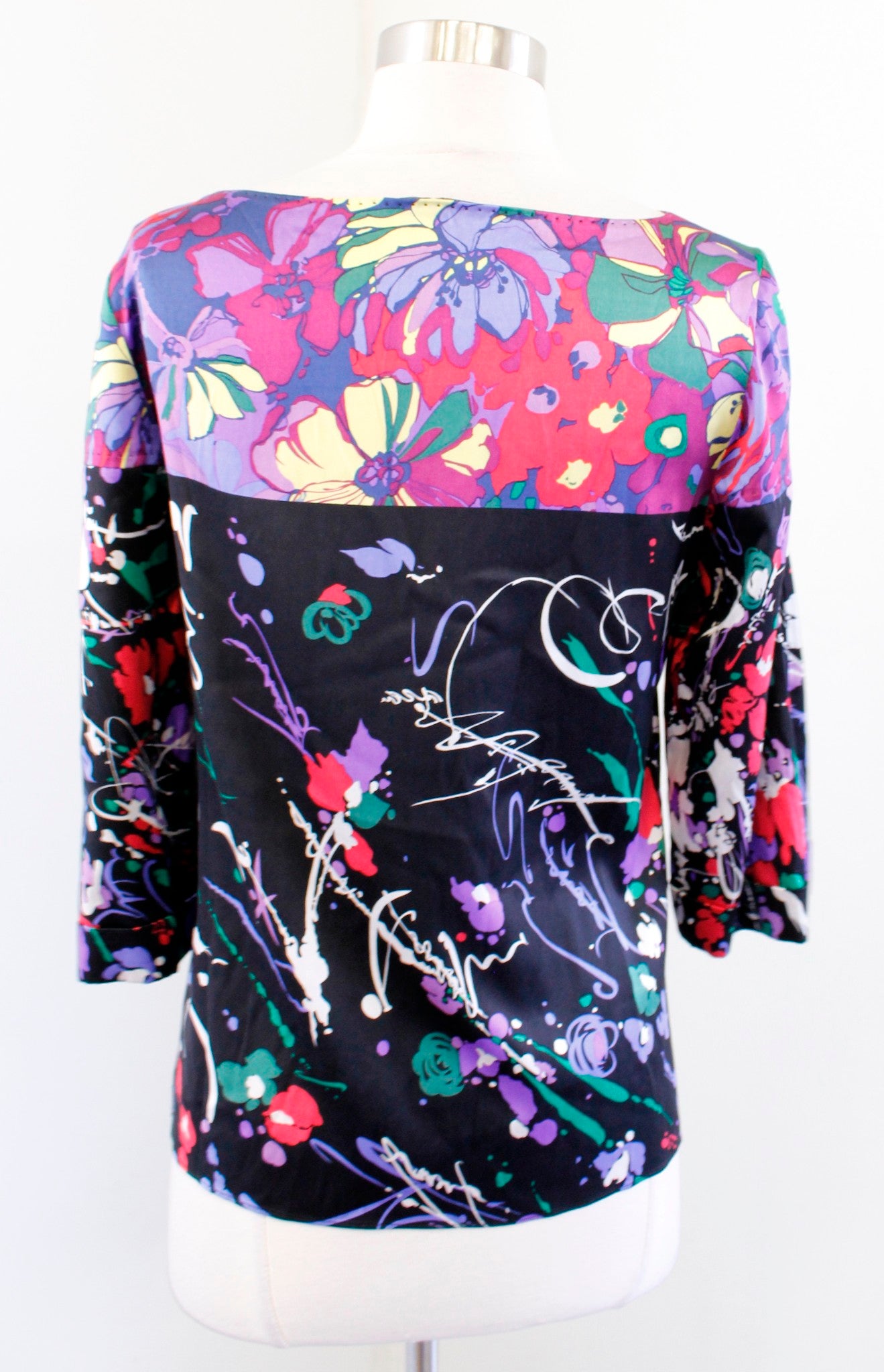 Elie Tahari Black Colorful Abstract Floral Print Silk Top Blouse 3/4 Sleeve XS