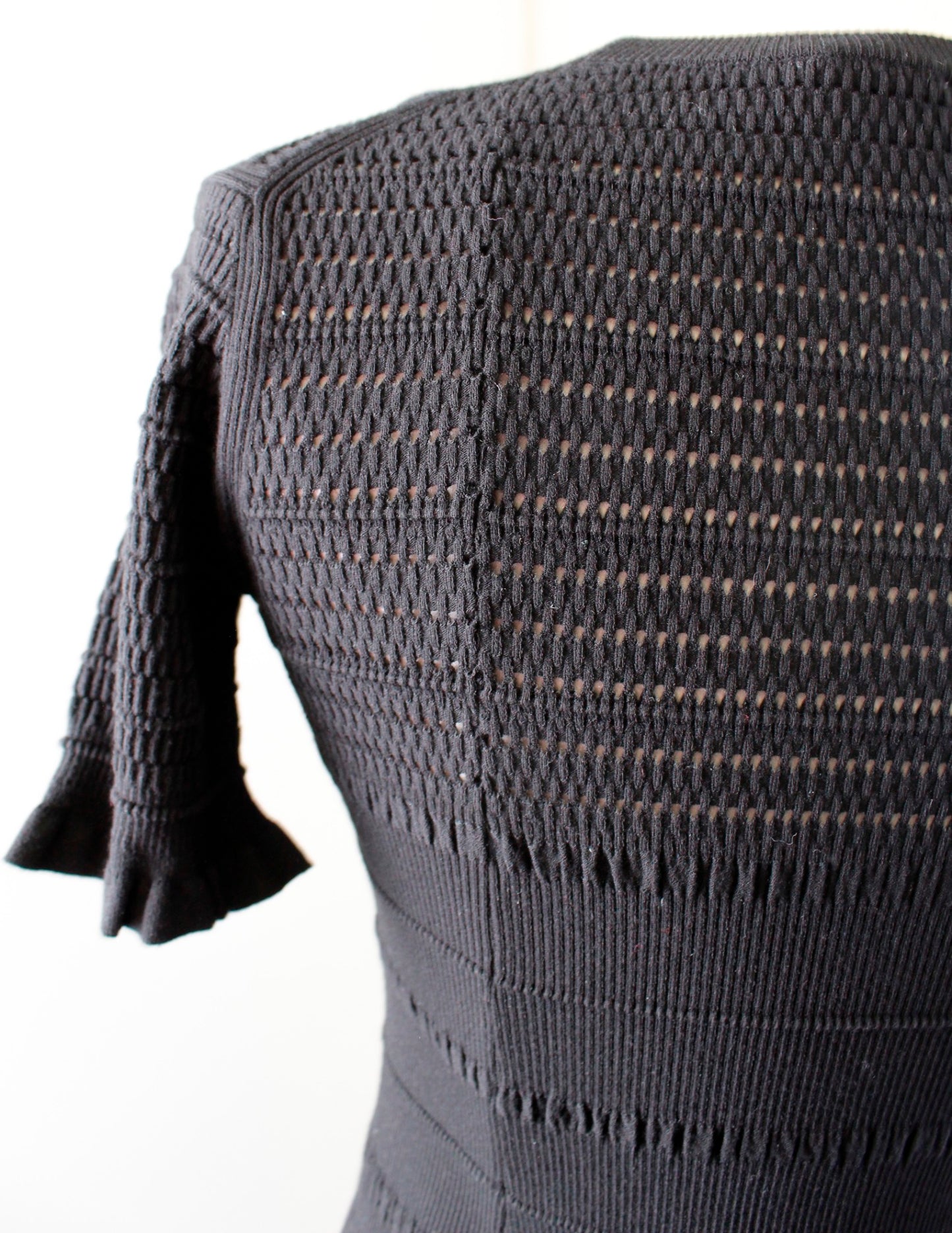 KENZO Paris Womens Black Eyelet Knit Ruffle Bodycon Fitted Sweater Dress Size S