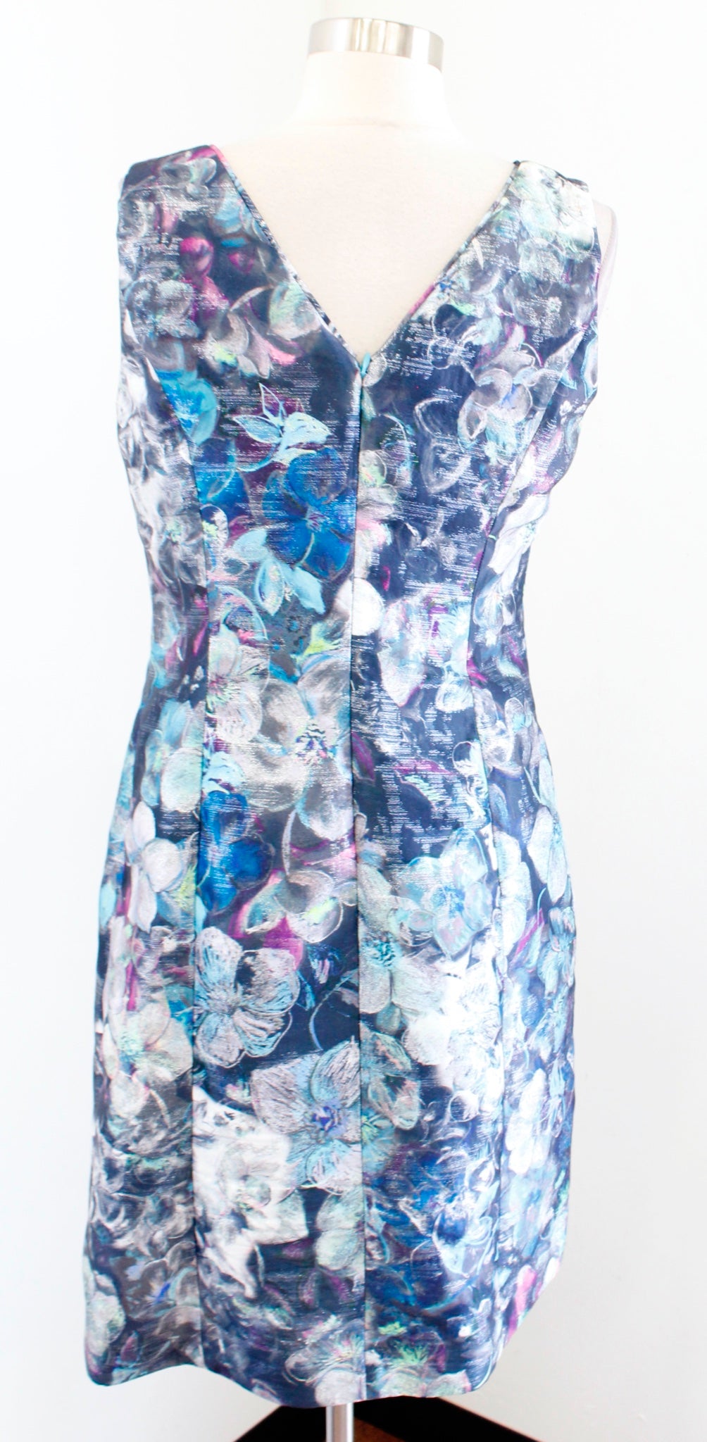 Doncaster Collection Blue Metallic Floral V Neck Sheath Dress Cocktail Party 4