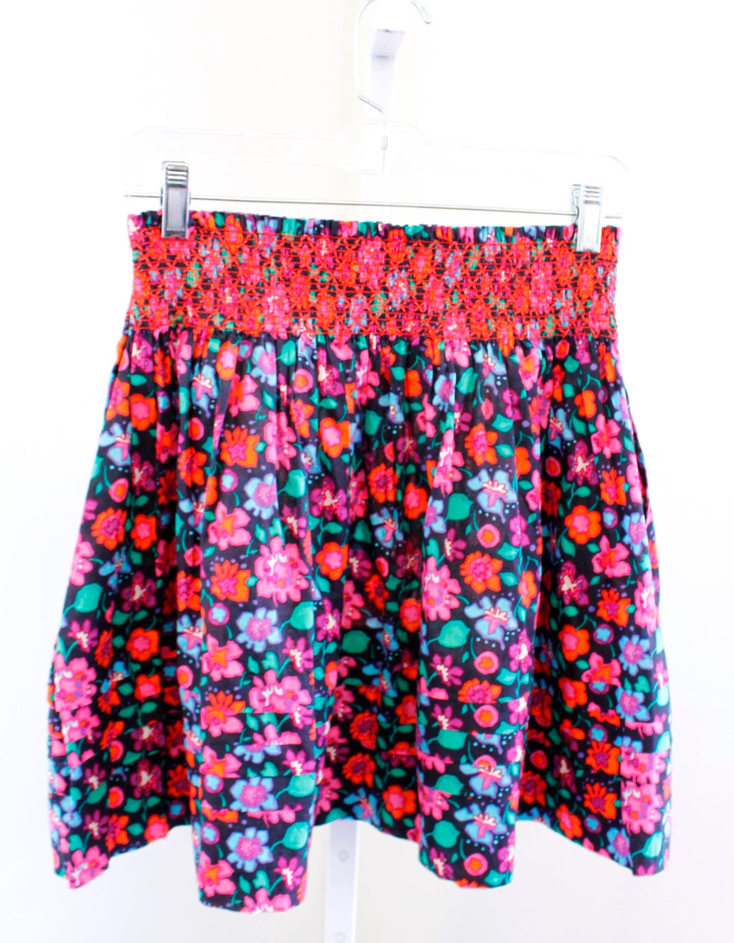 Kate Spade Black Colorful Floral Print Smocked A Line Mini Skirt Sz XS Red Pink