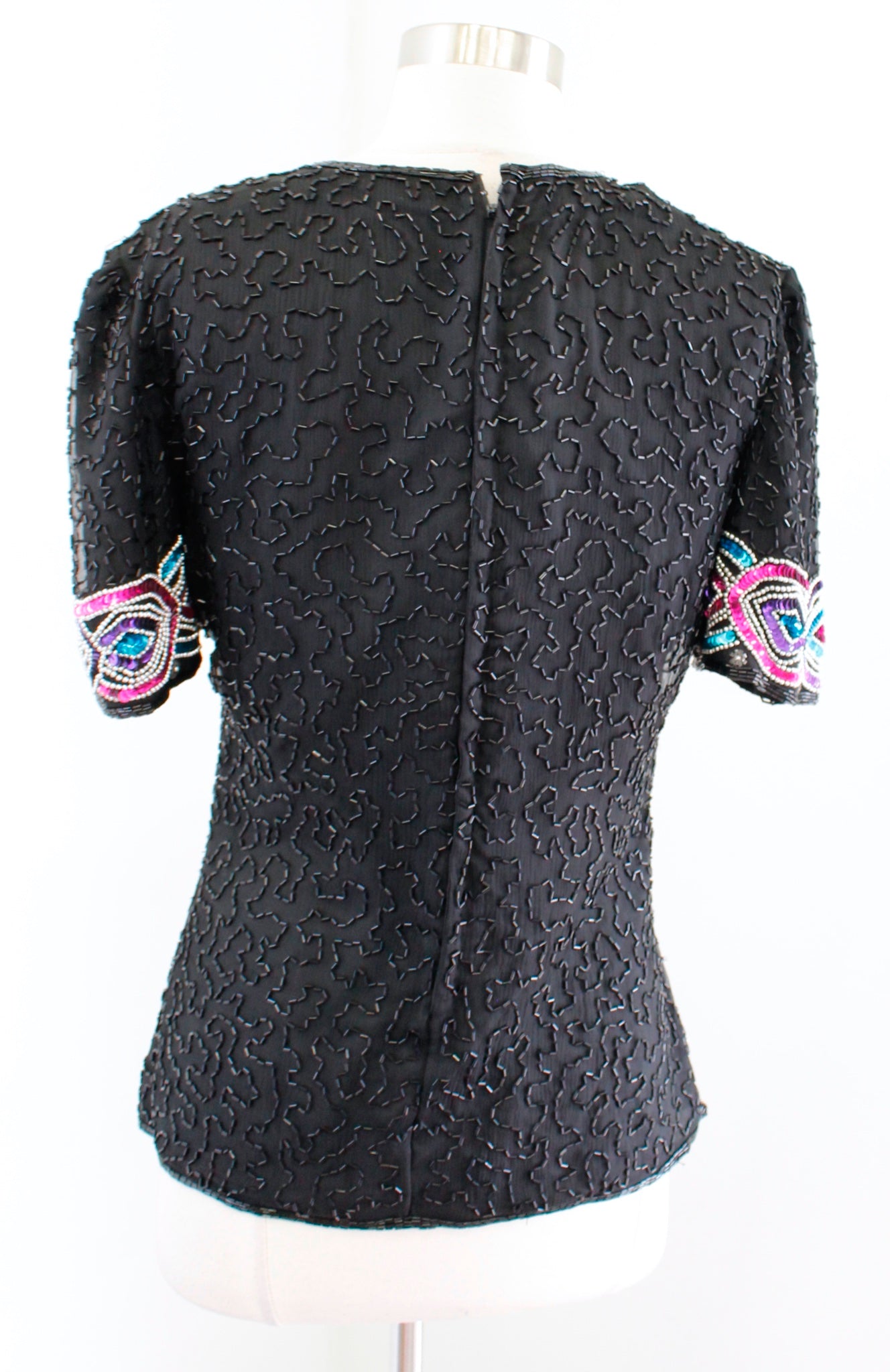 NWT Vtg Stenay Black Pink Blue Silk Beaded Sequin Mesh Evening Top Blouse Size s