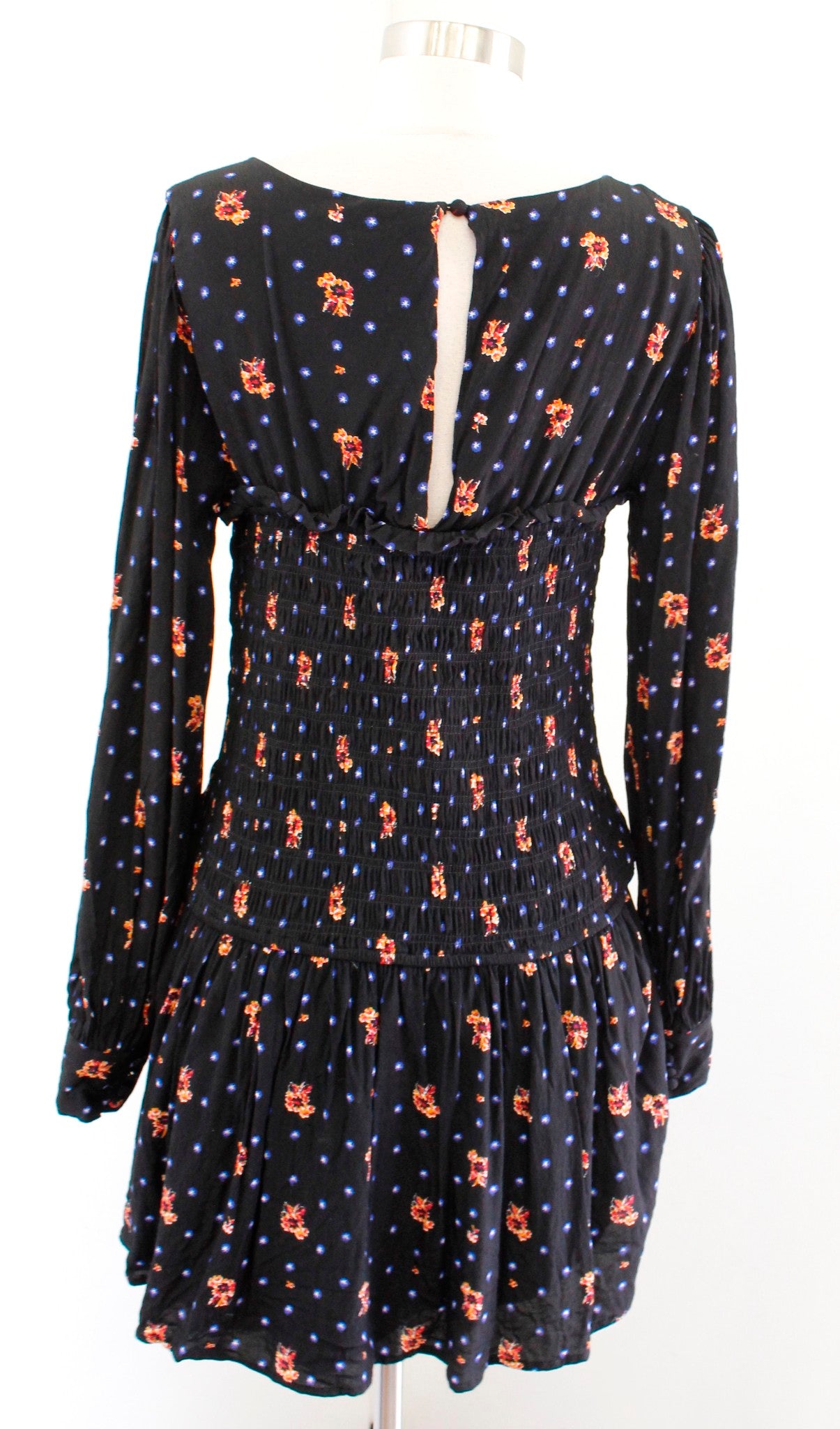 Free People Two Faces Black Smocked Printed Mini Dress Long Sleeve Size S Floral