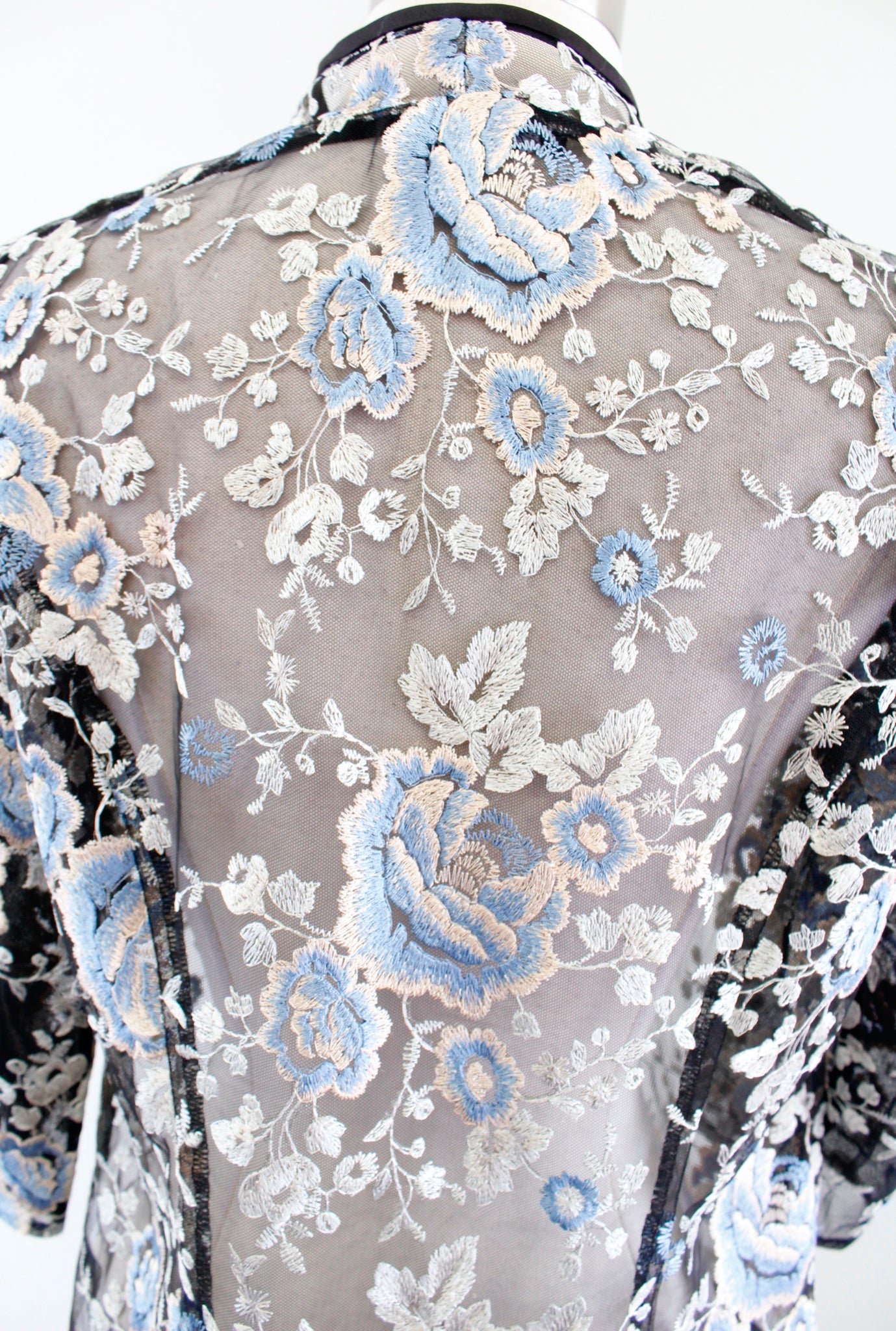 Alex Evenings Black Sheer Floral Embroidered Evening Jacket Sz PM MP Blue Beige