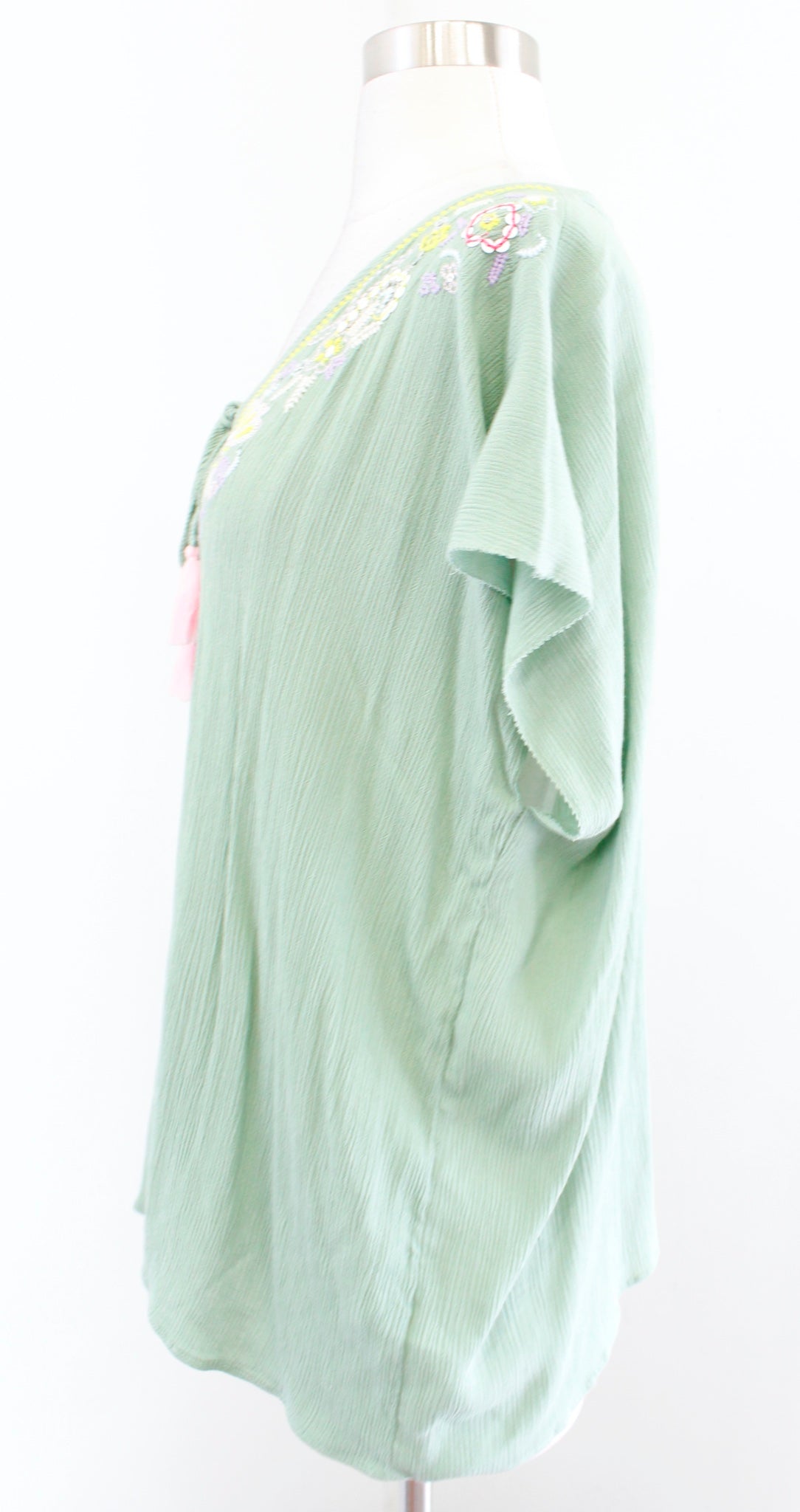 Floreat Anthropologie Persephone Green Crinkle Embroidered Top Blouse Size S