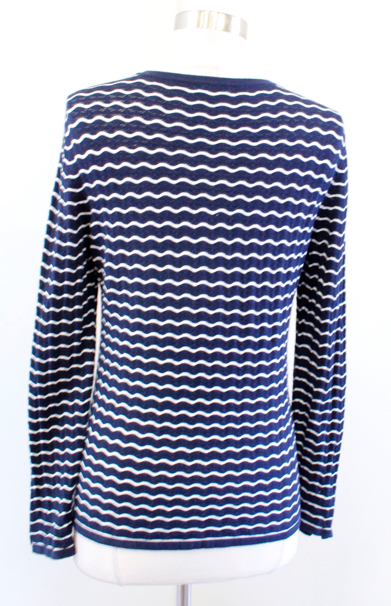 J McLaughlin Navy Blue White Squiggle Stripe Eyelet Knit Sweater Top Size XS