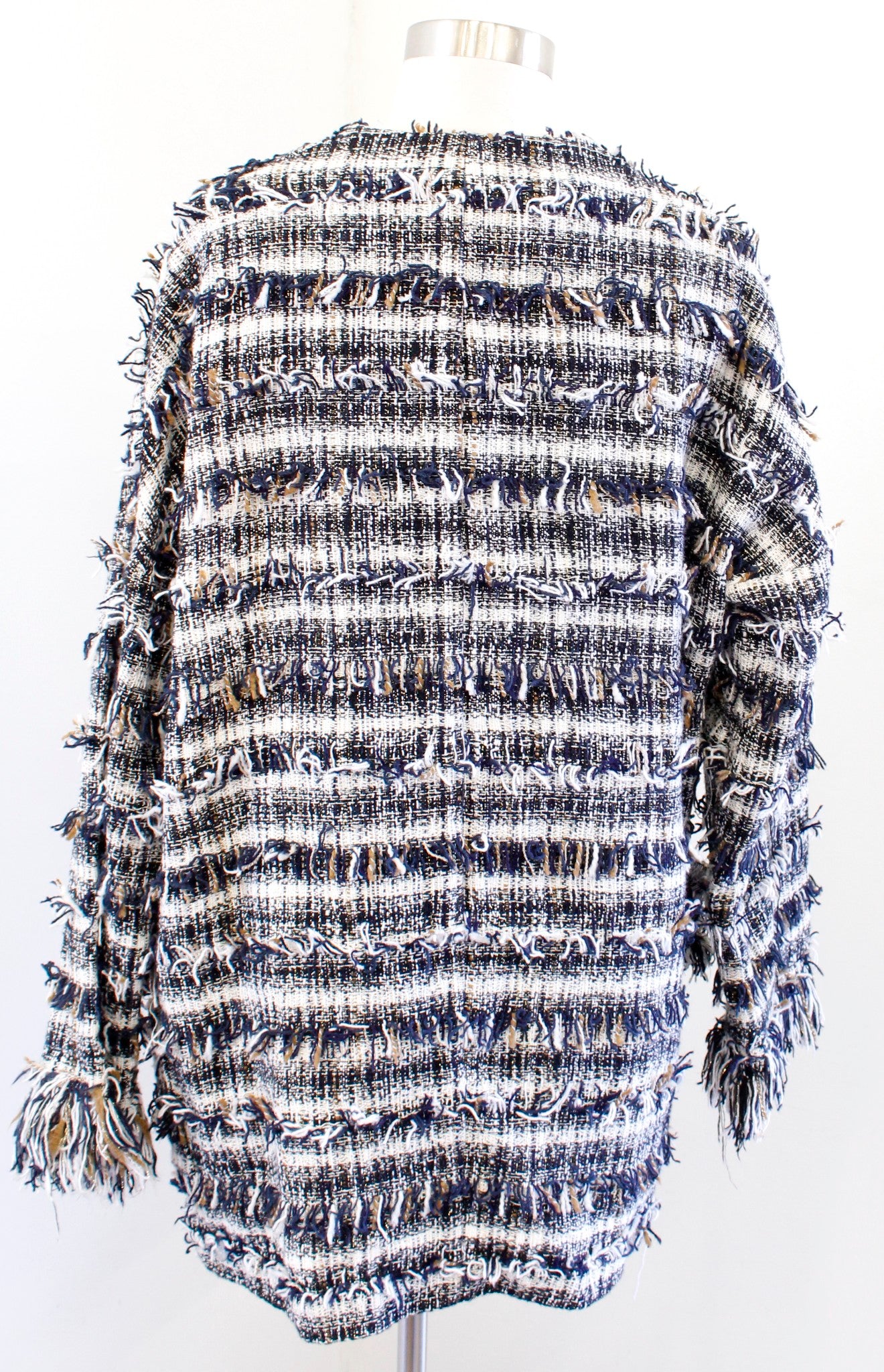 ZARA Tweed Frayed Fringe Multi Color Open Front Tapestry Jacket Size M Navy Ecru
