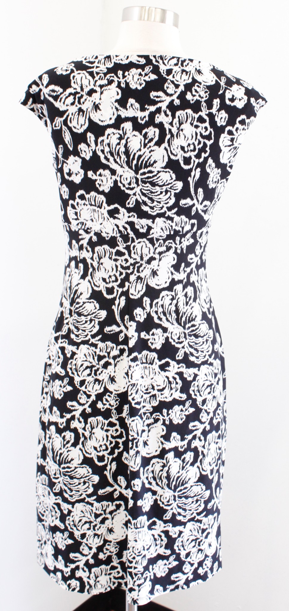 Lauren Ralph Lauren Black White Floral Print V Neck Ruched Wiggle Dress Size 6