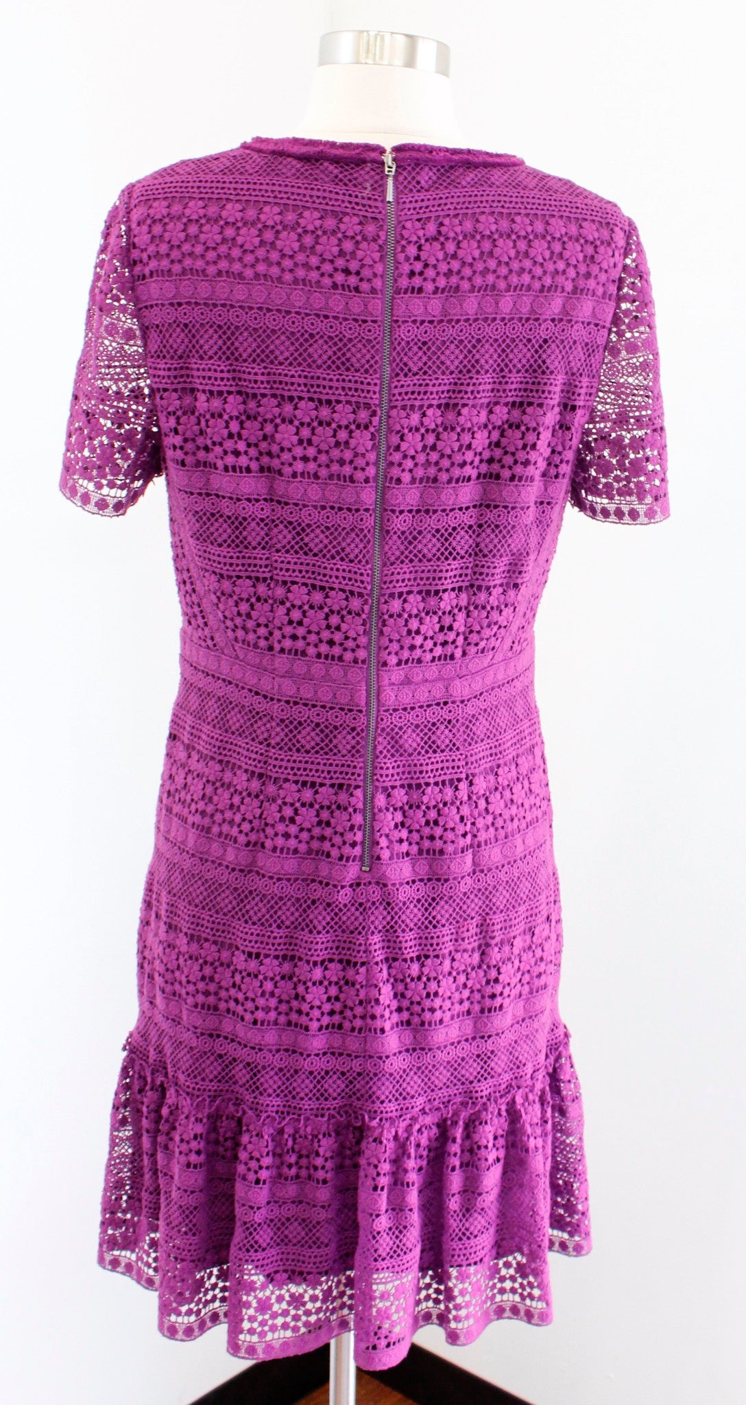 Elie Tahari Jacey Purple Lace Short Sleeve Flounce Hem Sheath Dress Size 8