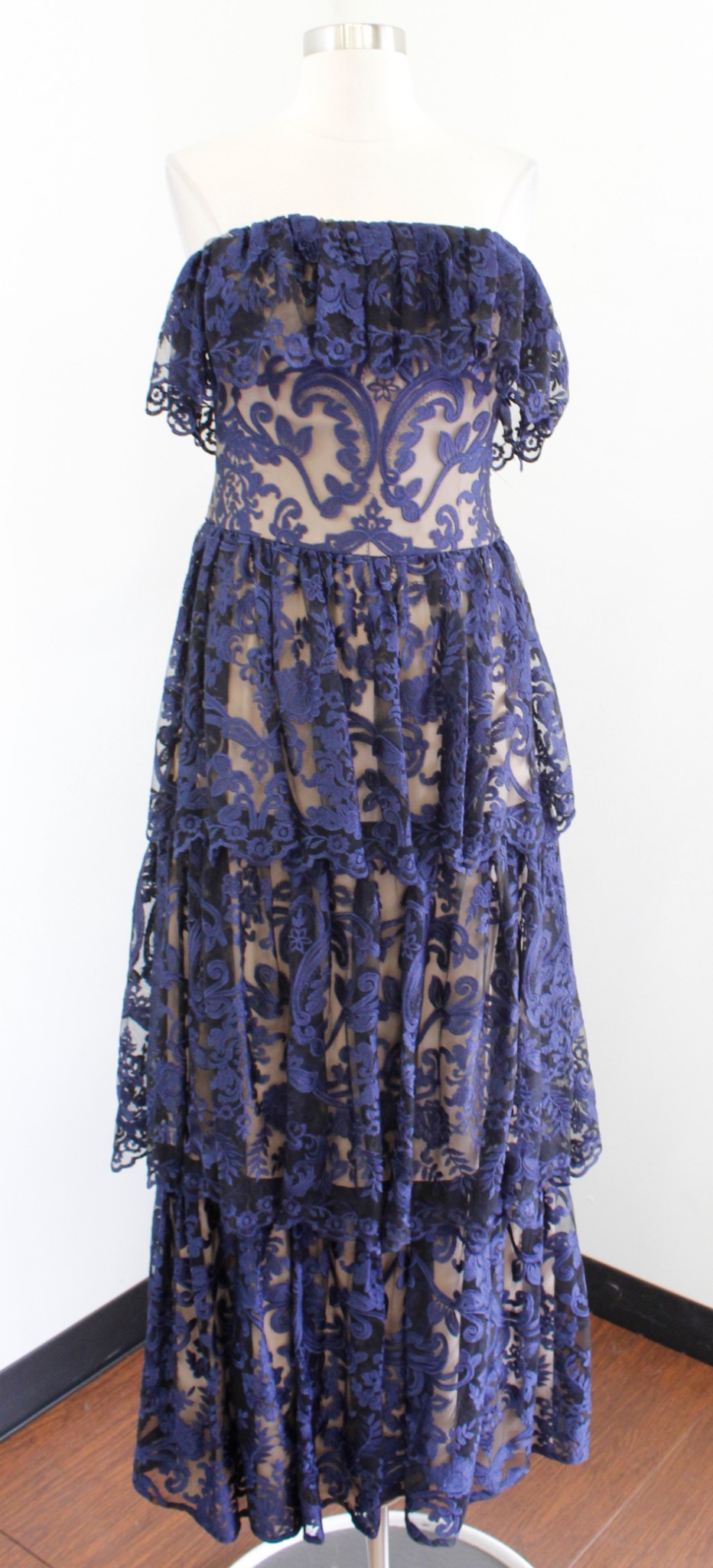 ML Monique Lhuillier Midnight Lace Strapless Tiered Evening Gown Forma Queen City Resale ML Monique Lhuillier Midnight Lace Strapless Tiered Evening Gown Forma Queen City Resale