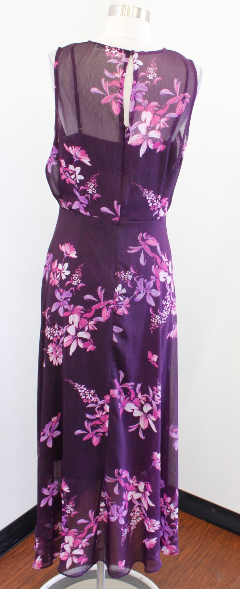 Calvin Klein Purple Floral Print V Neck Hi Lo Chiffon Maxi Dress Size 10 Womens