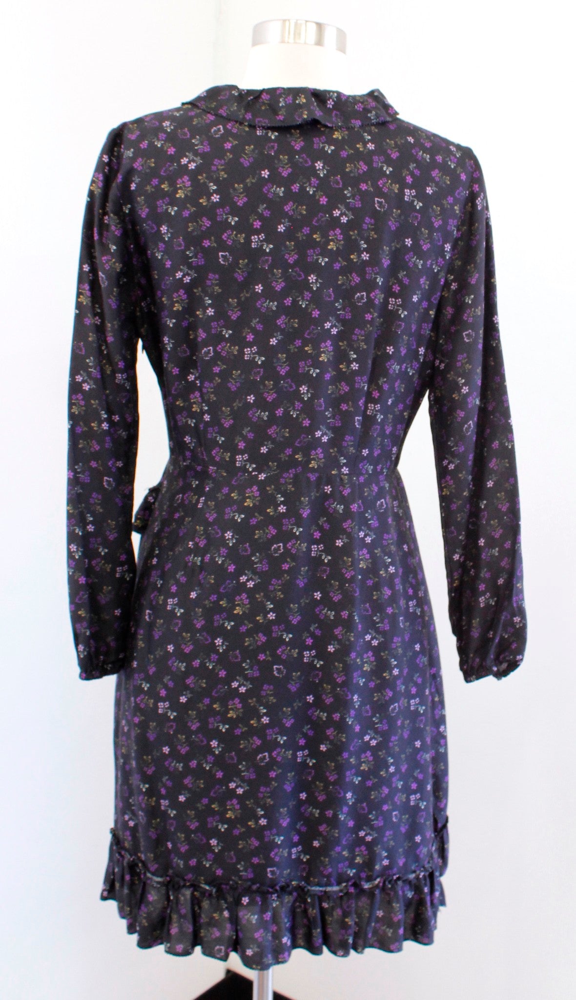 J McLaughlin Sonny Black Purple Floral Print Ruffle Faux Wrap Dress Size 2 Silk
