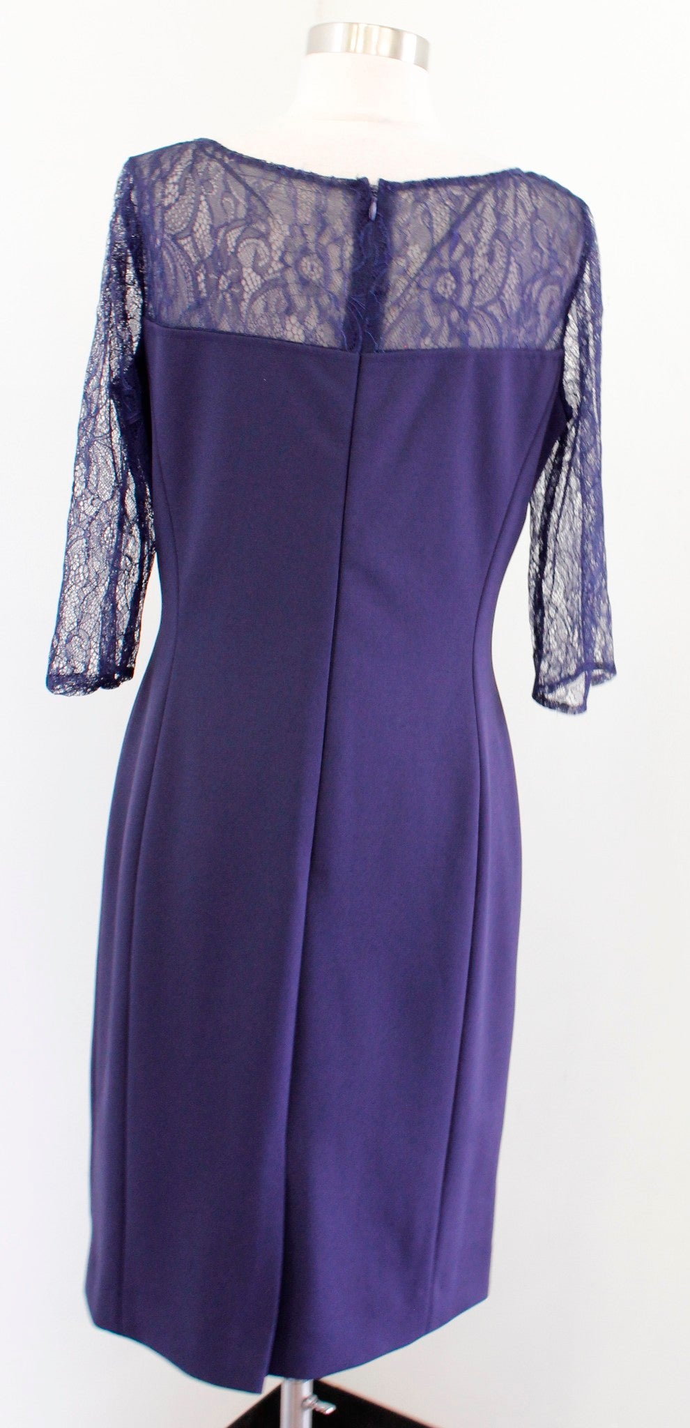 Tahari ASL Levine Navy Blue Ruched Lace Neckline Sheath Dress Size 8 Cocktail