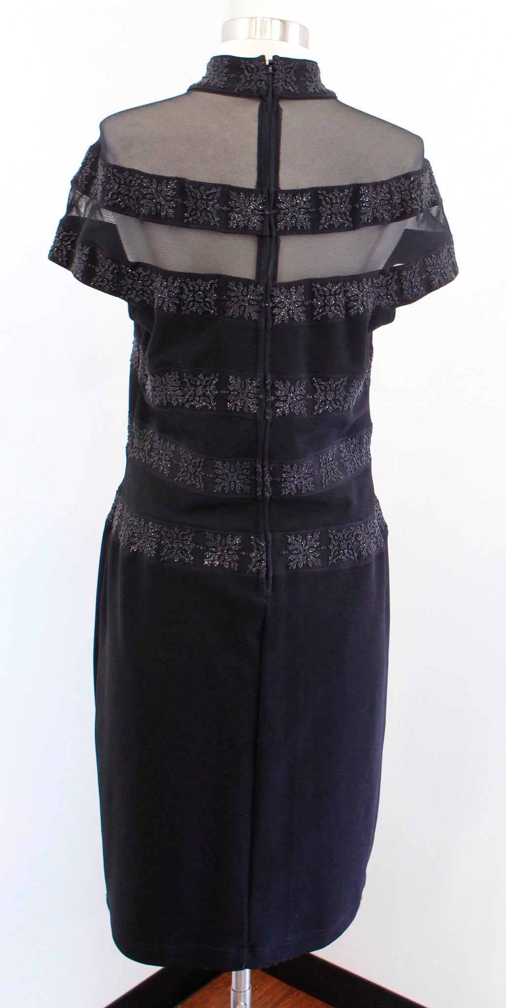 Vtg 90s Cache Black Mesh Mock Neck Beaded Cocktail Party Dress Size L Evening