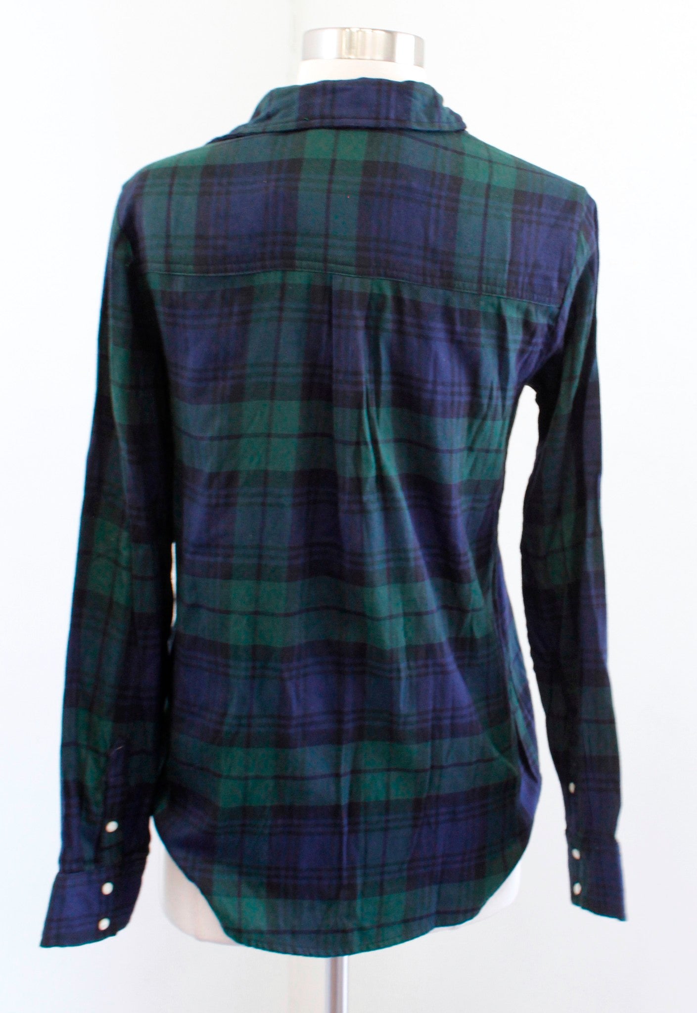 NWT Zara Basic Denim Green Plaid Snap Button Floral Beaded Shirt Blouse Size XS Long Sleeve