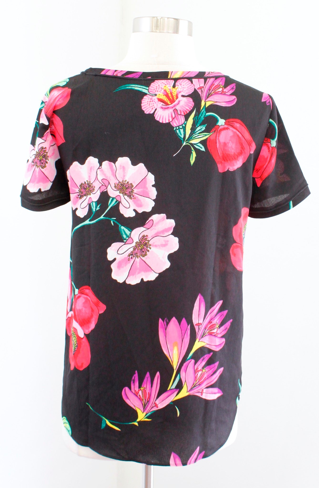 NWT Ann Taylor Black Bold Colorful Floral Print Short Sleeve Top Blouse XS Pink