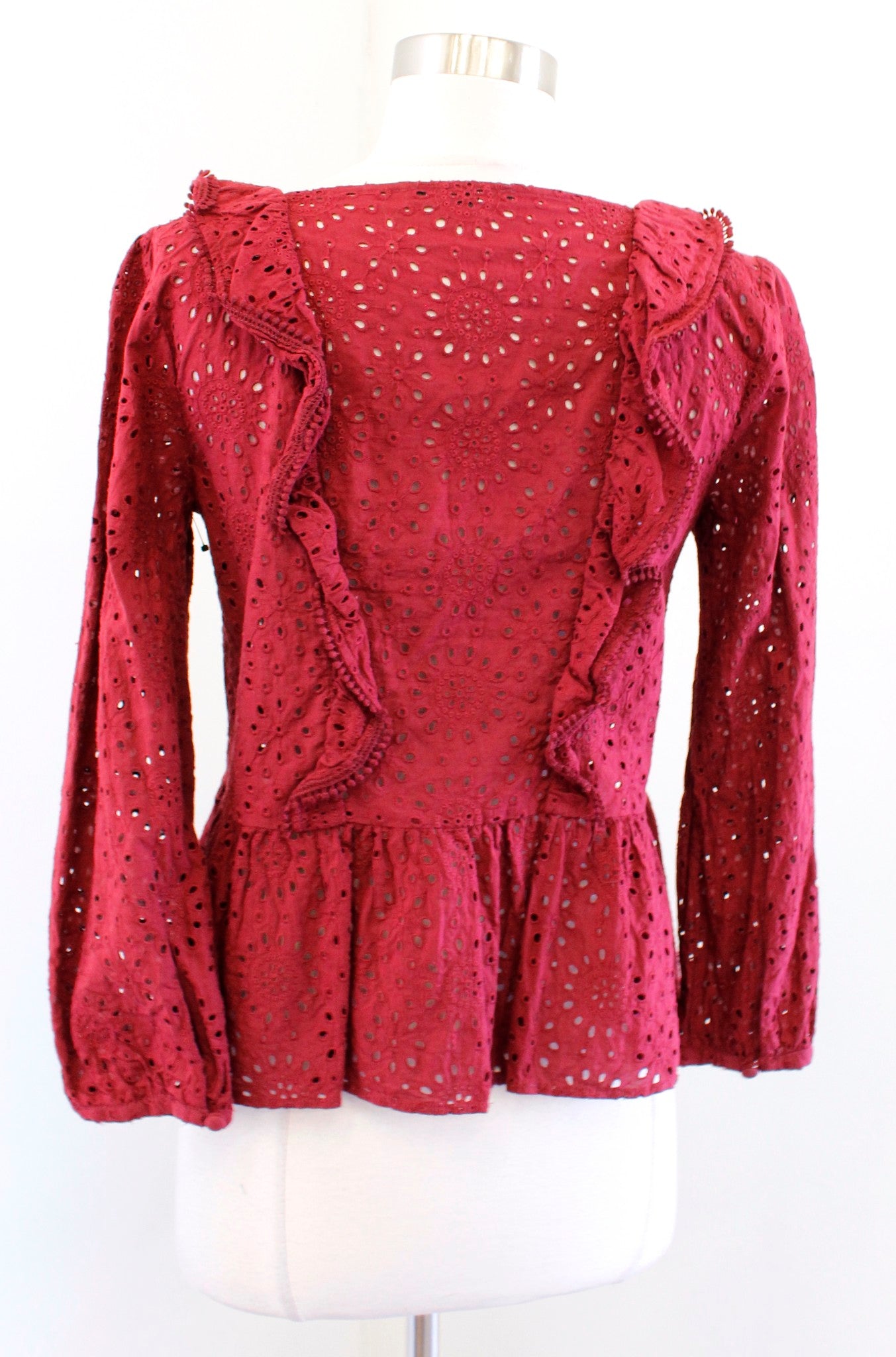 Madewell Wine Red Eyelet Lace Ruffle Pompom Trim Top Blouse Size XS V Neck