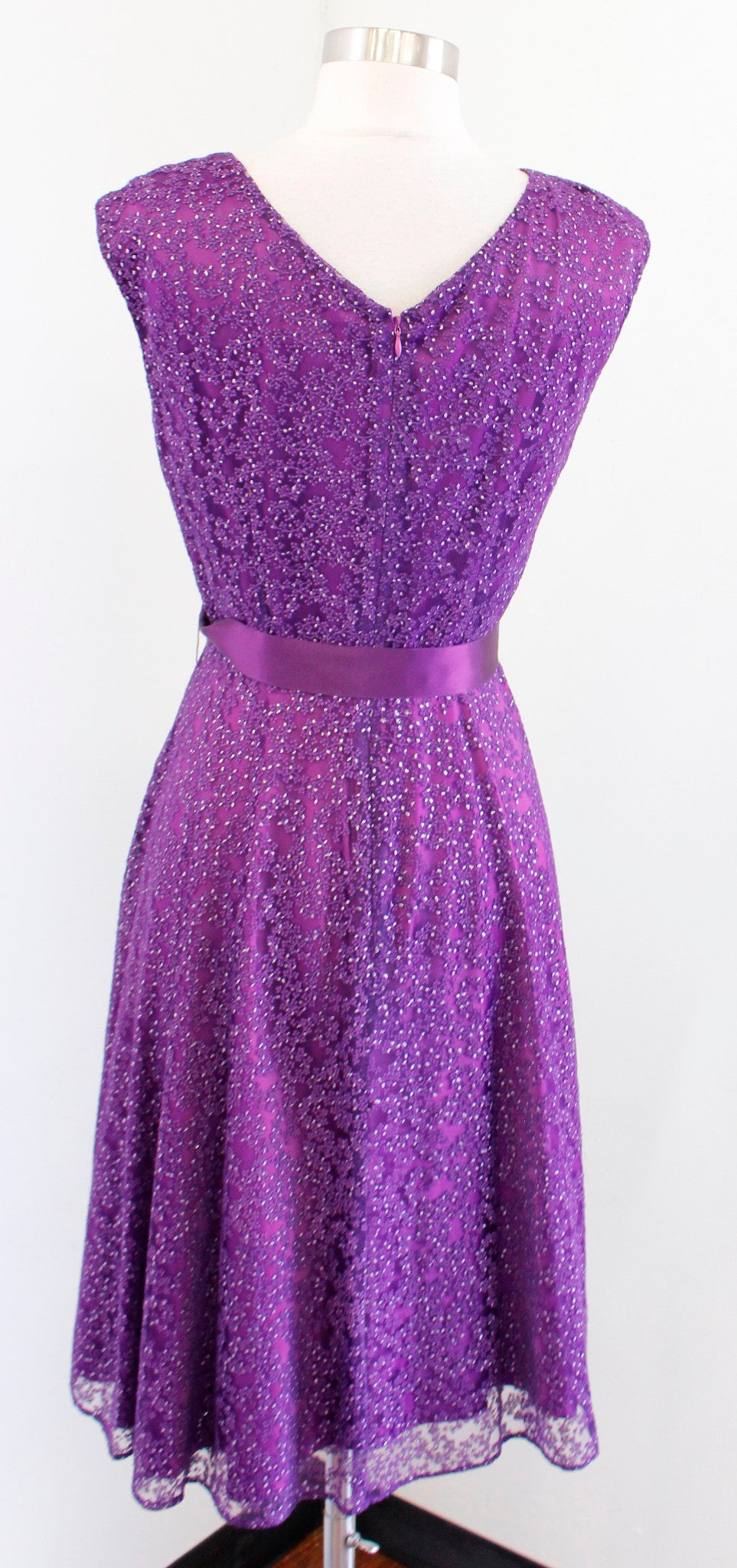 Tahari ASL Levine Purple Shimmer Floral Tie Waist Fit and Flare Cocktail Dress 4