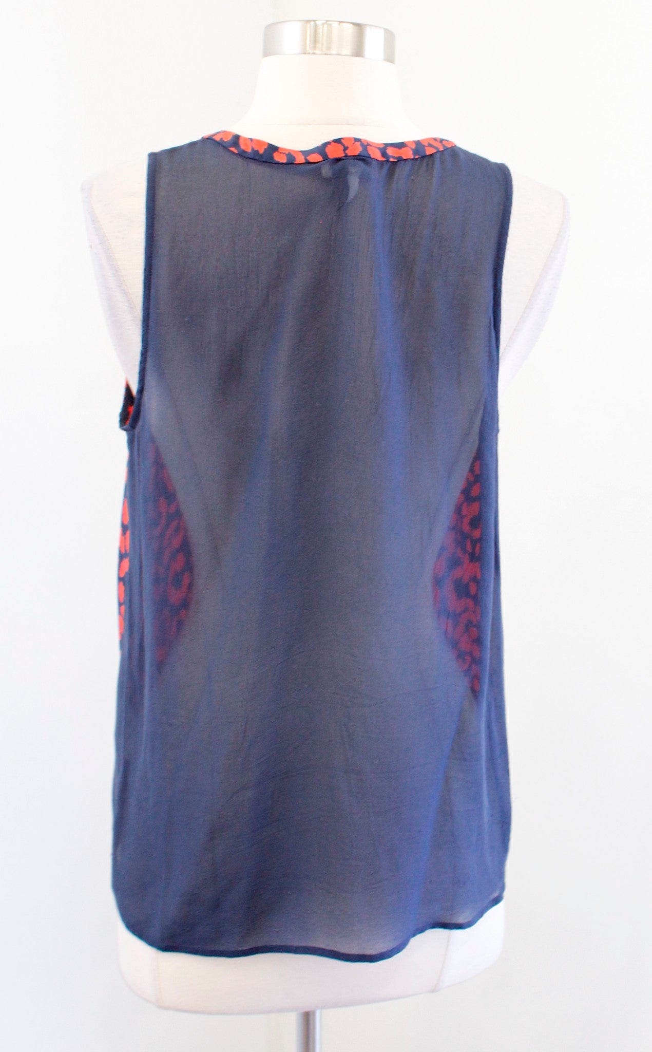 Joie Corette Navy Bue Red Leopard Print Sheer Back Silk Tank Top Blouse Size S