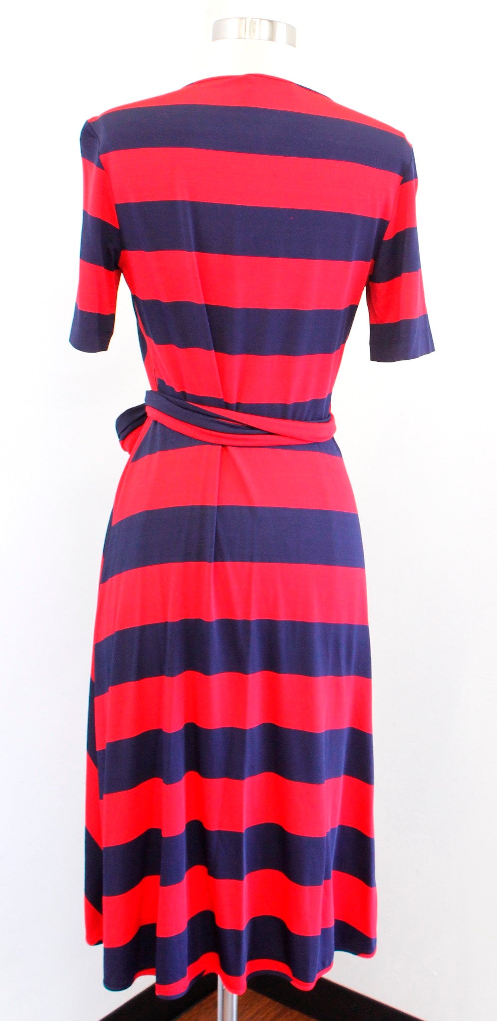 Tory Burch Navy Blue Red Striped Jersey Wrap Dress Size XS Short Sleeve V Neck