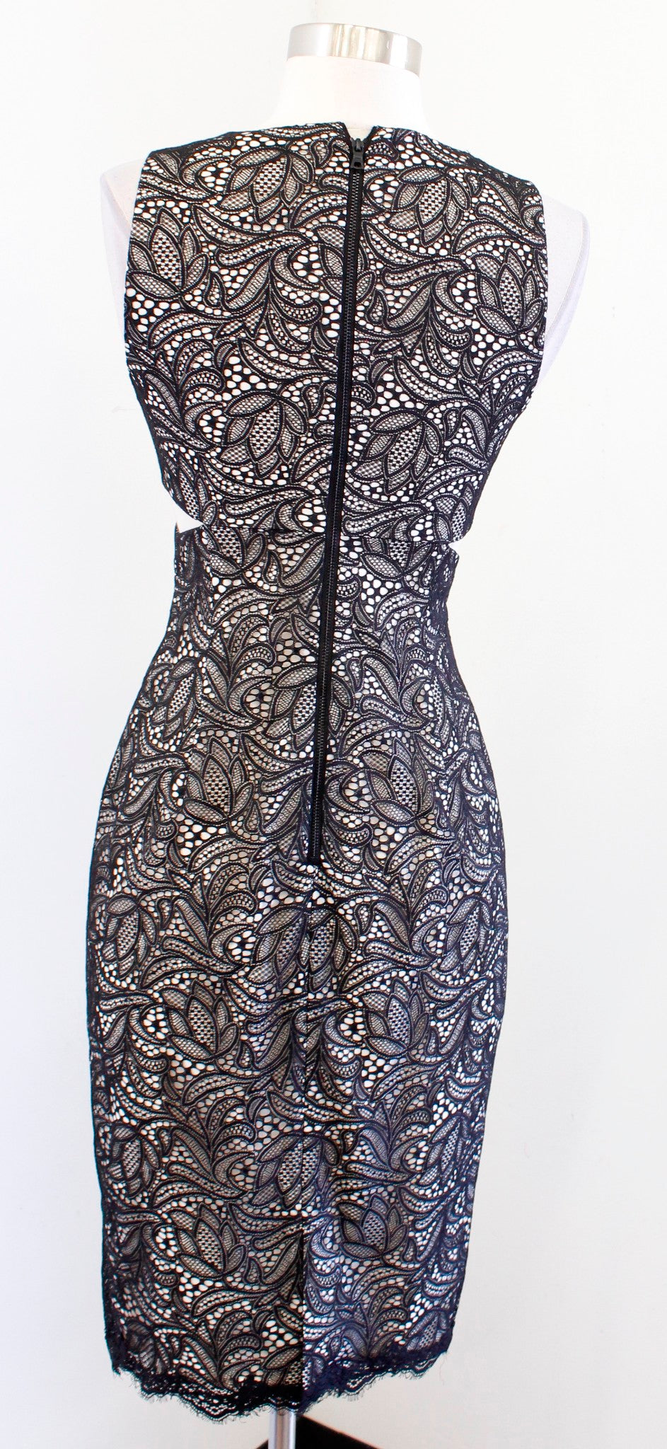 Alice Olivia Riki Black Lace Illusion V Neck Side Cutout Sheath Dress Cocktail 0