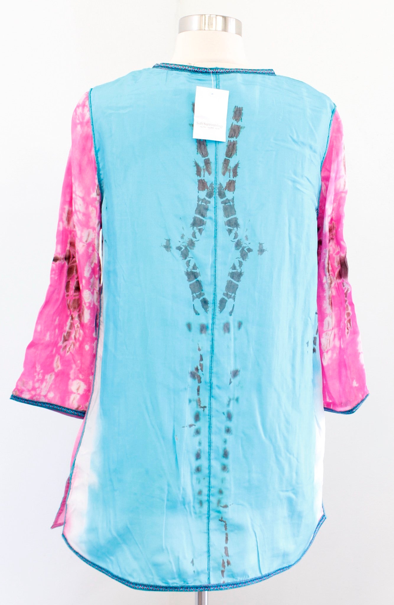 NWT Soft Surroundings Curacao Blue Pink Silk Tie Dye Tunic Top Blouse Size L