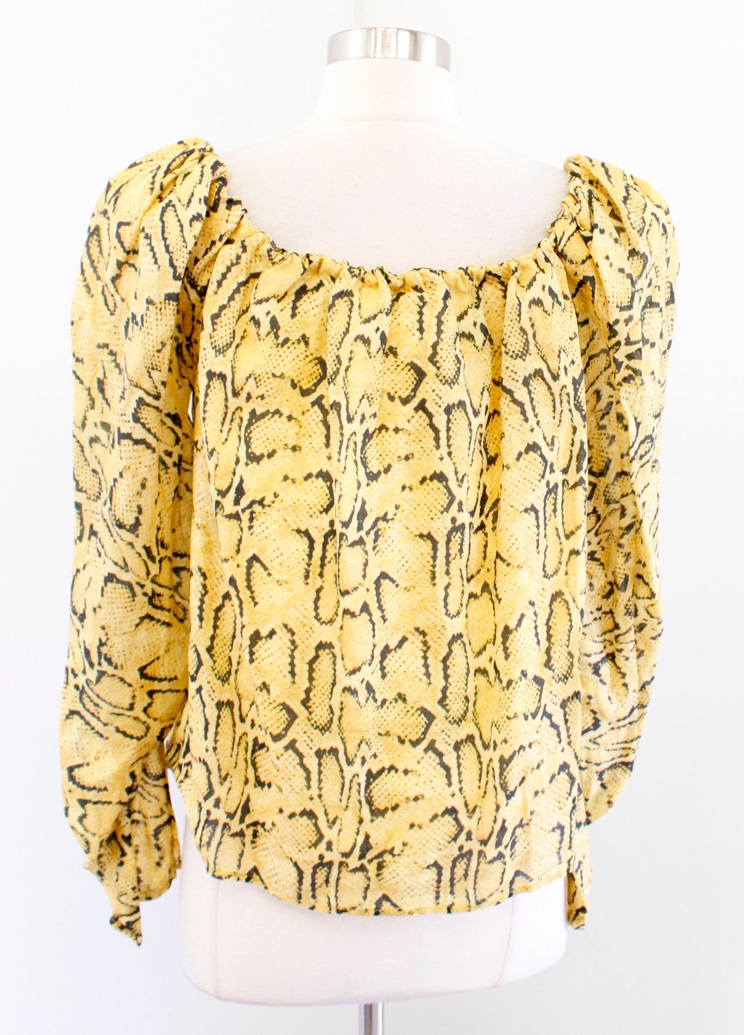 FRAME Off the Shoulder Billow Top in Python Size L Yellow Snakeskin Blouse