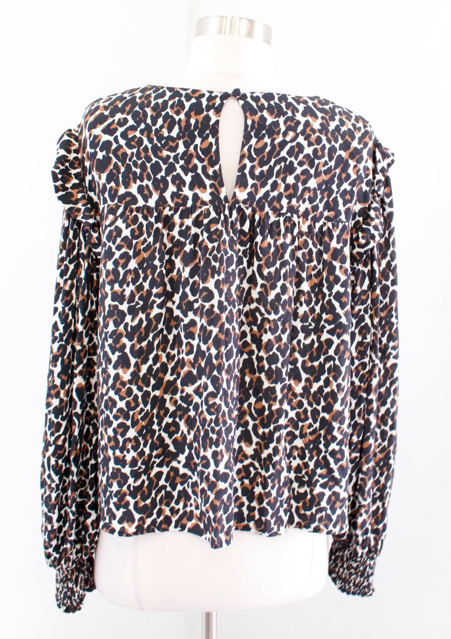 Rebecca Minkoff Leopard Print Ruffle Smocked Cuff Top Blouse Size M Brown Black Long Sleeve