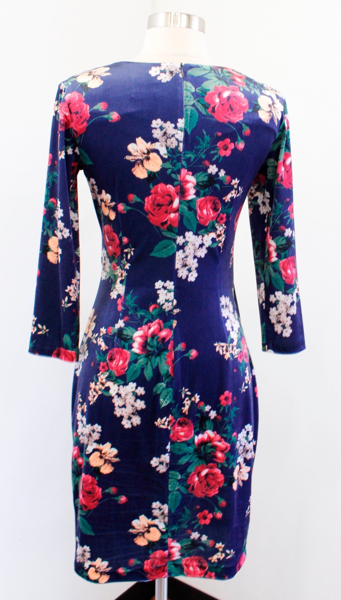 Vince Camuto Blue Garden Floral Print Ruched Velvet Sheath Dress Size 2