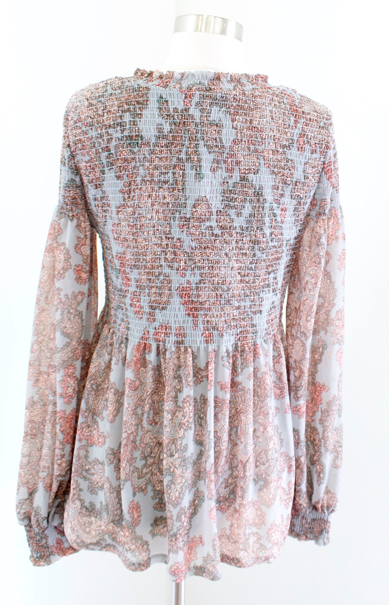Akemi Kin Anthropologie Adria Paisley Print Smocked Top Blouse Size S Blue Long Sleeve
