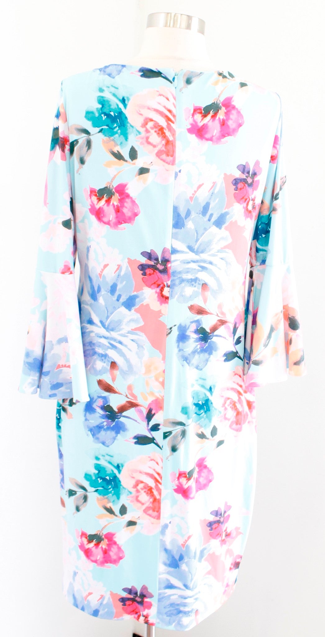 Calvin Klein Blue Floral Print Bell Sleeve Jersey Sheath Dress Size 8 Aqua