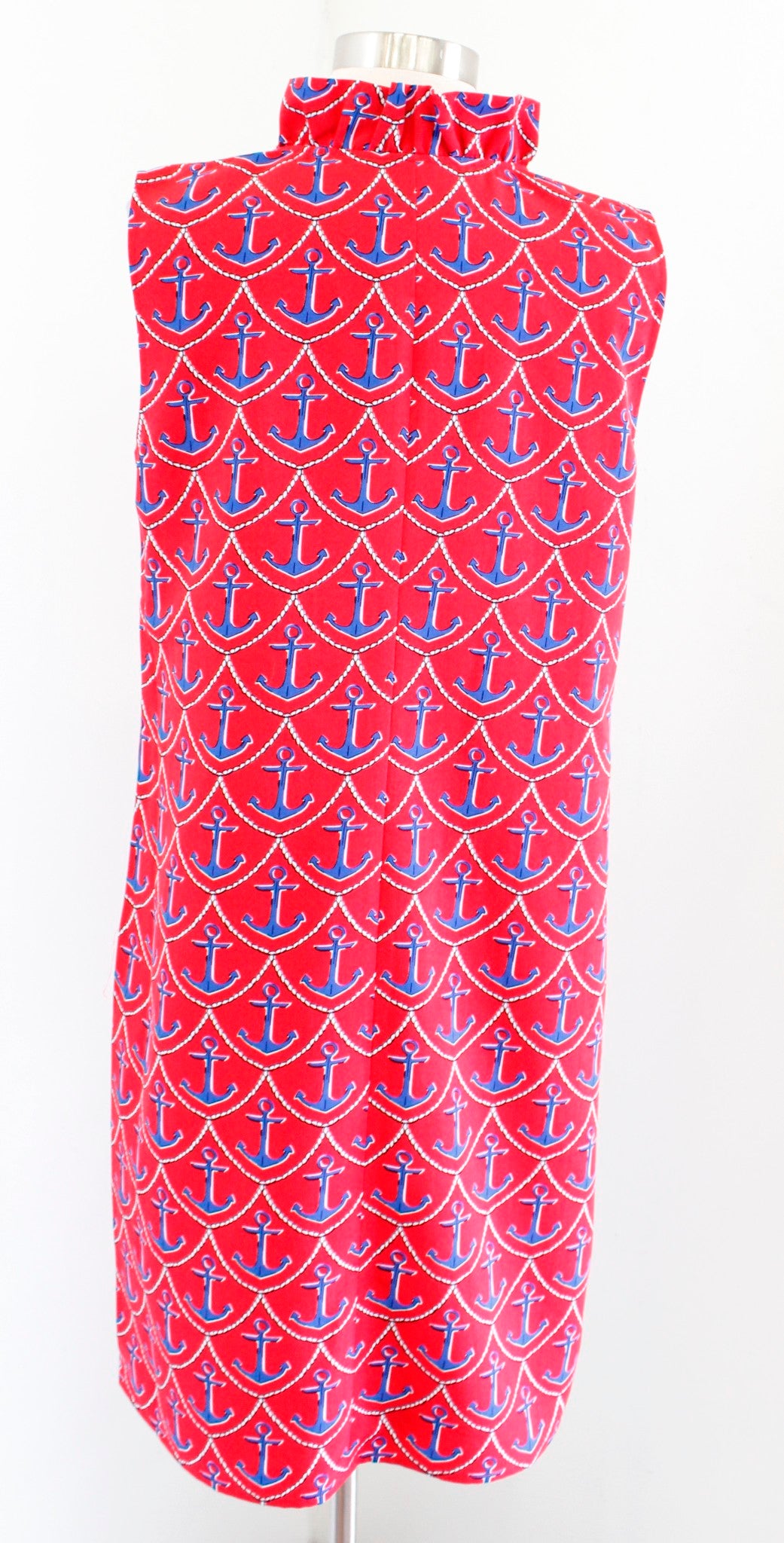 Talbots Red Blue Novelty Anchor Print Ruffle Neck Shift Dress Size 10P Summer