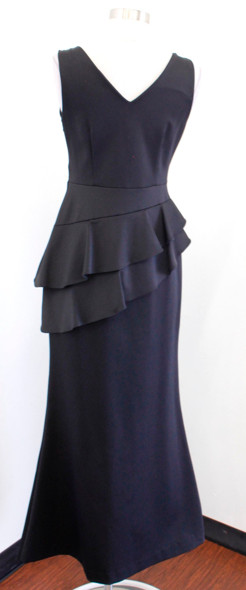 Adrianna Papell Black Scuba Ruffle Layered Peplum Evening Gown Formal Dress Sz 2