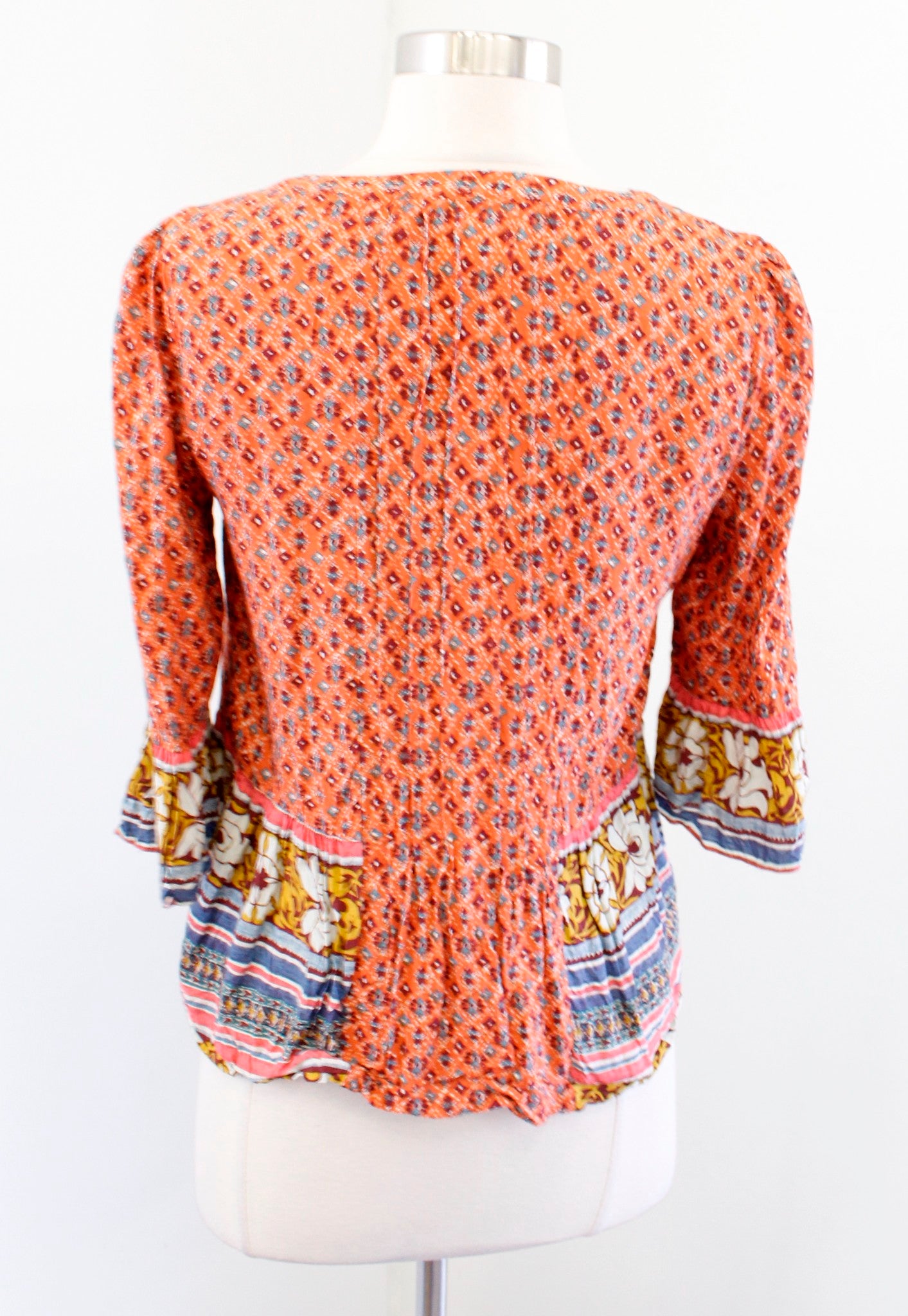 Maeve Anthropologie Hiver Orange Floral Lace Trim Peasant Top Blouse Size 2