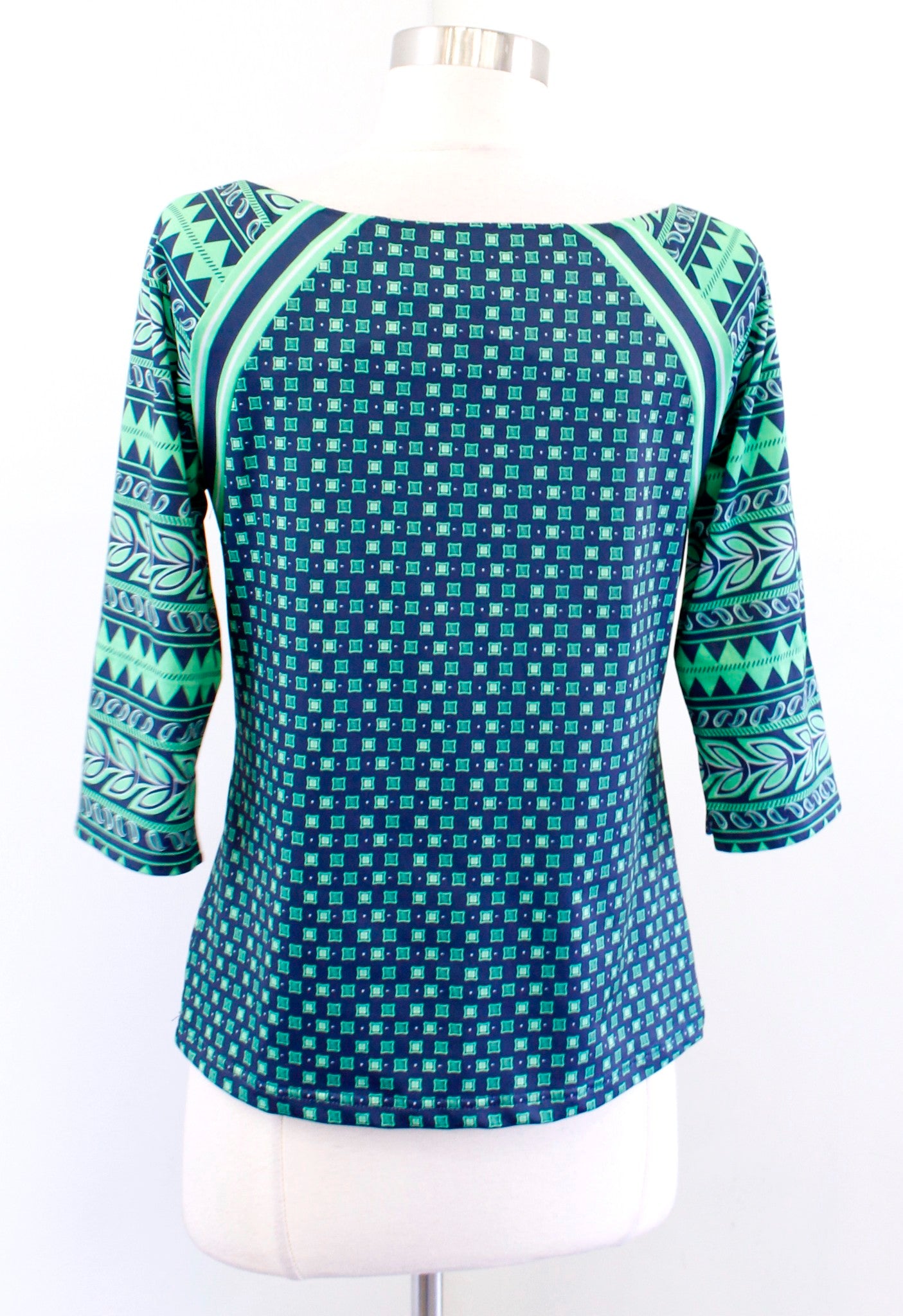 Gretchen Scott Navy Blue Green Geometric Print Top Blouse Size Shrimp XXS 2XS