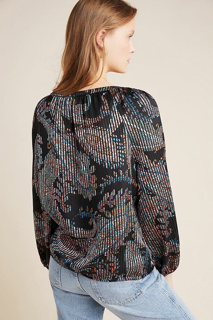 Maeve Anthropologie Madeira Black Paisley Print Burnout Satin Top Blouse Size XS