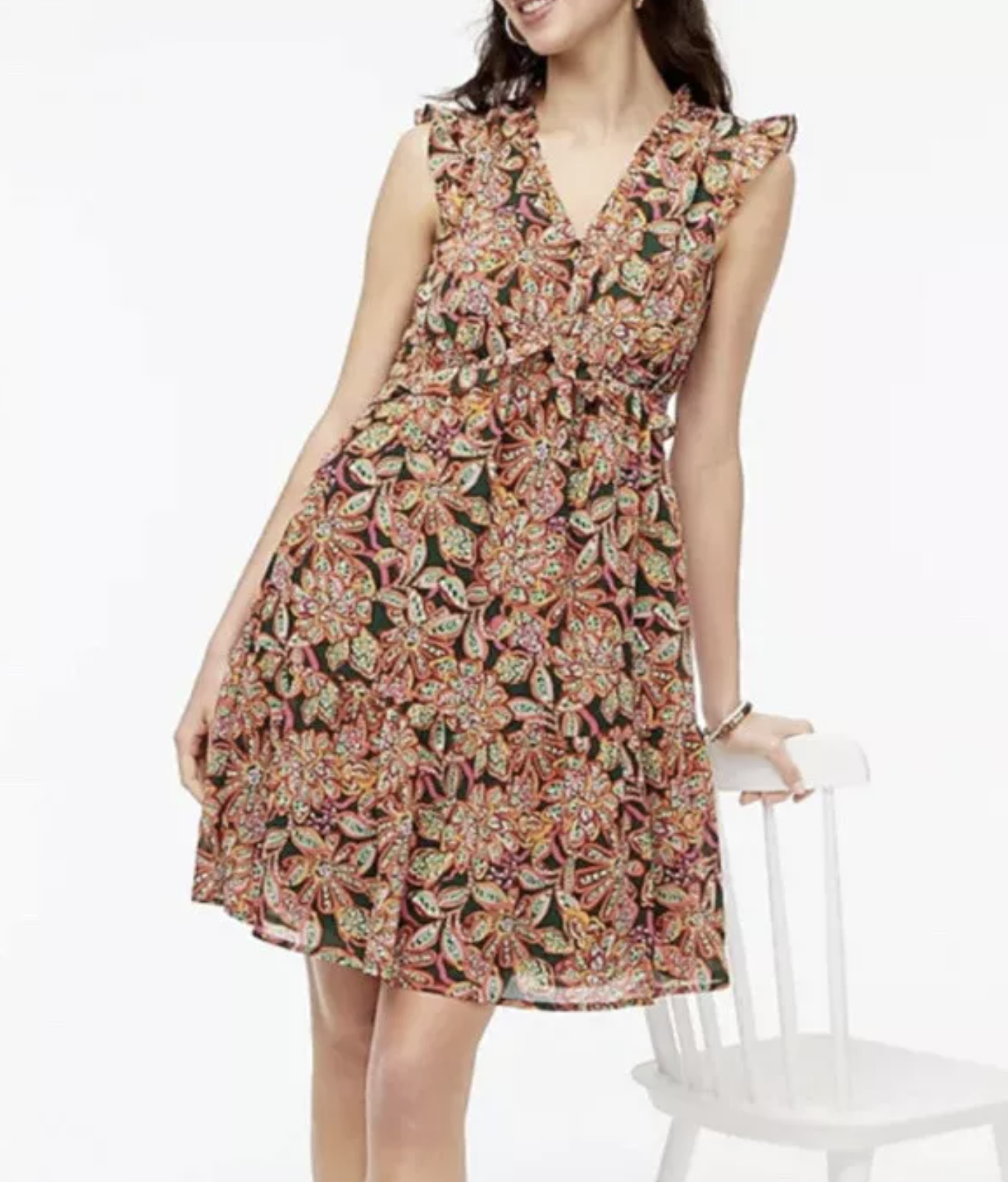 J Crew Colorful Tropical Floral Ruffle V Neck Casual Dress Size 10 Green Pink