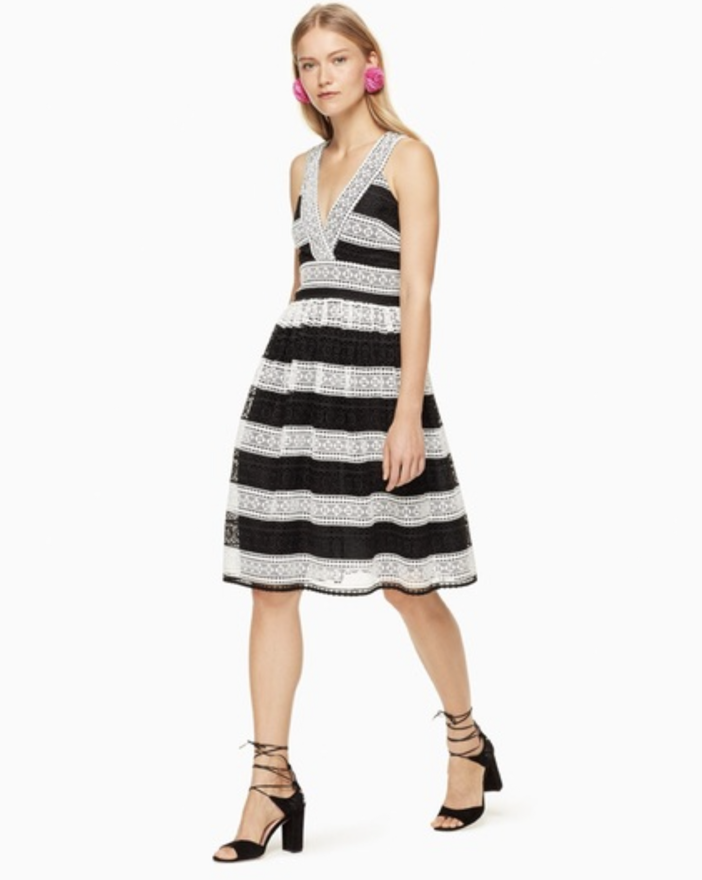 NWT Kate Spade Black White Striped Fit and Flare Crochet Lace Dress Size 00