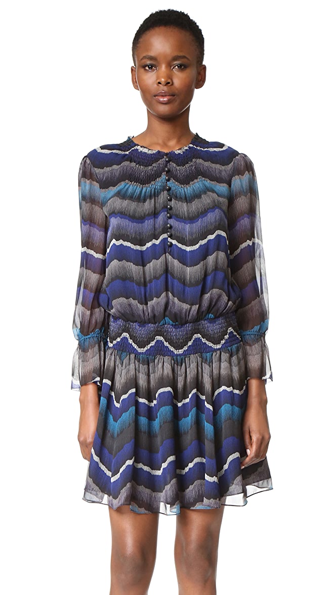 Diane Von Furstenberg Kelley Smocked Chiffon Silk Peacock Striped Dress Size 6