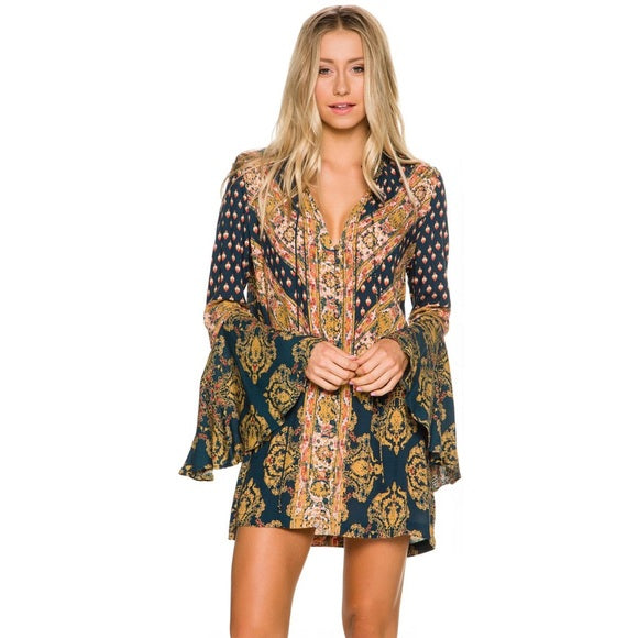 Free People Magic Mystery Printed Bell Sleeve Tunic Top Blouse Size S Teal Blue Long Sleeve
