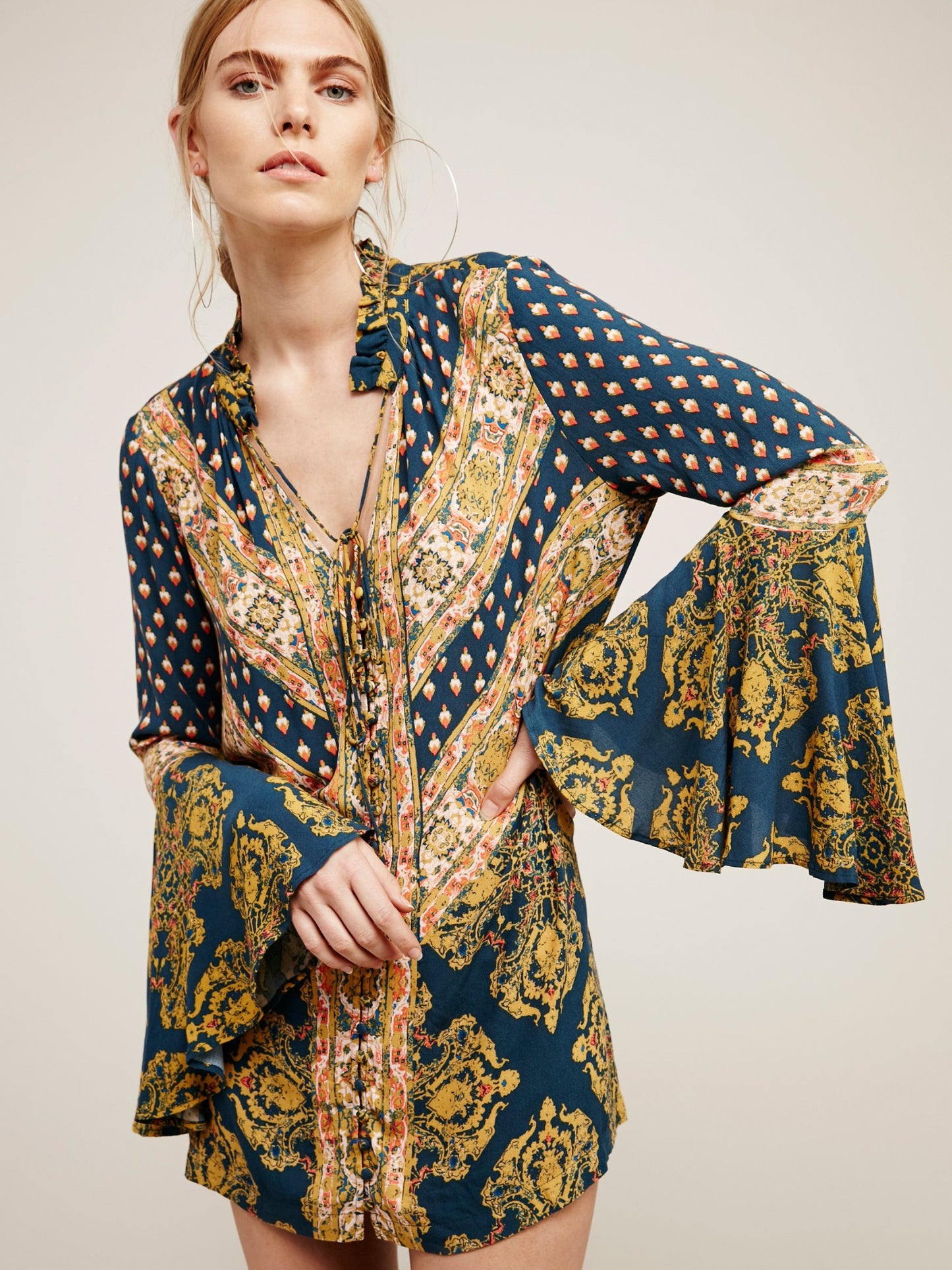 Free People Magic Mystery Printed Bell Sleeve Tunic Top Blouse Size S Teal Blue Long Sleeve