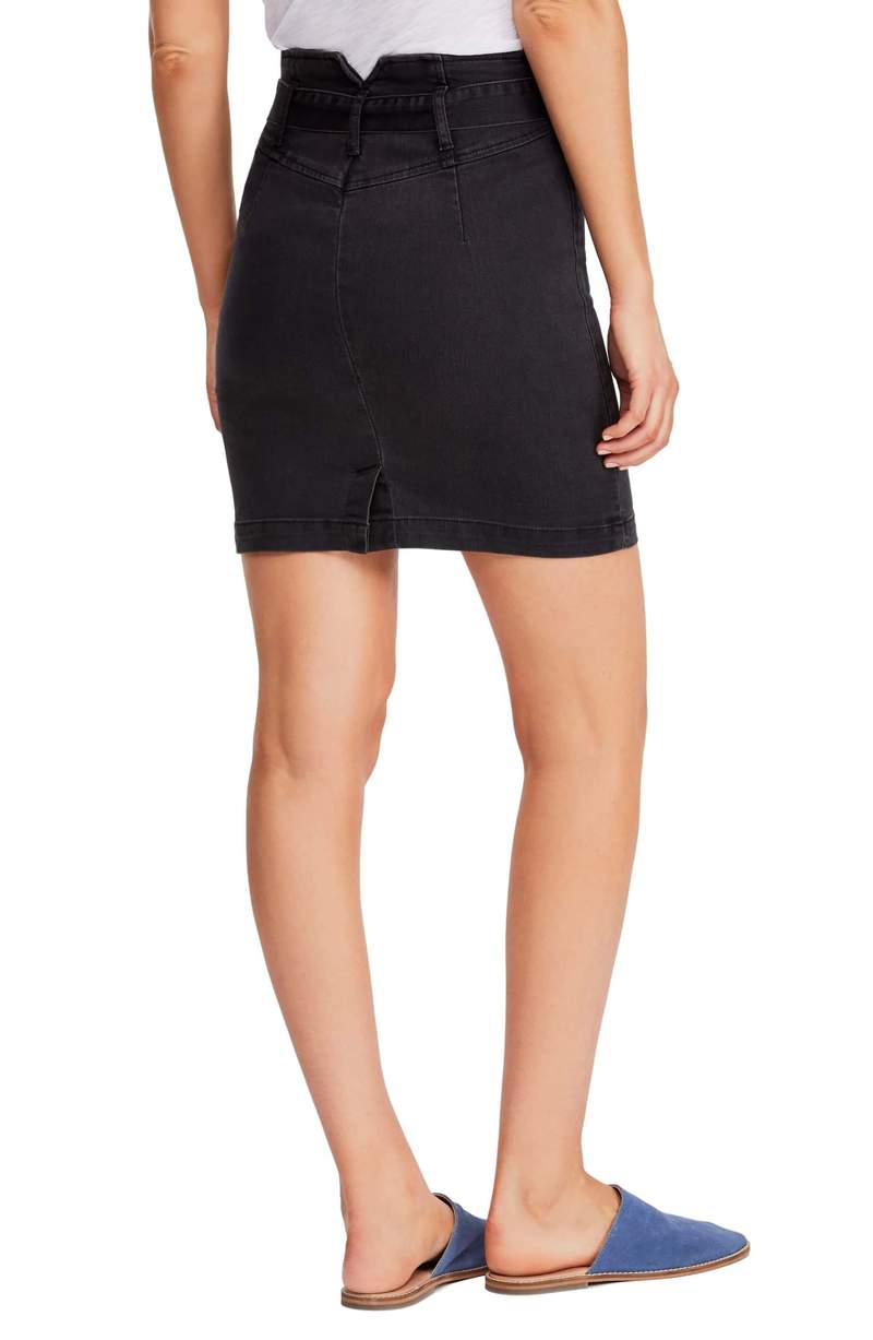 NWT Free People Livin it Up Worn Black Denim Pencil Skirt Size 2 Belted